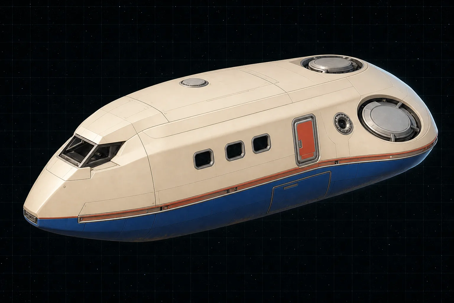 Painted three-quarter view of Charon, an ivory, vermilion, and blue ten-ton streamlined armored passenger launch with three cabin windows.