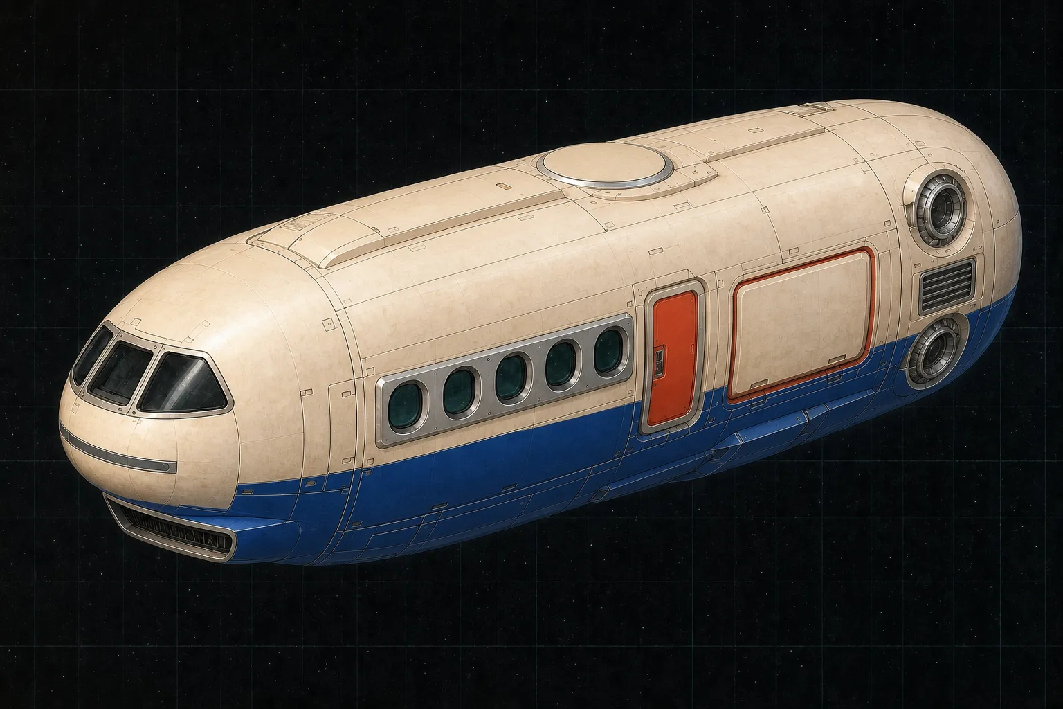 Painted three-quarter view of Caduceus, an ivory and blue twenty-ton armored fast launch with a closed dorsal hardpoint.