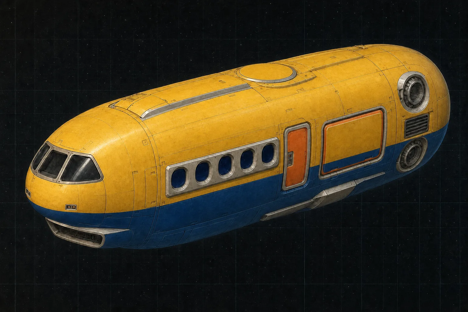 Painted three-quarter view of Caduceus, a sunflower and cobalt twenty-ton armored fast launch with a closed dorsal hardpoint.