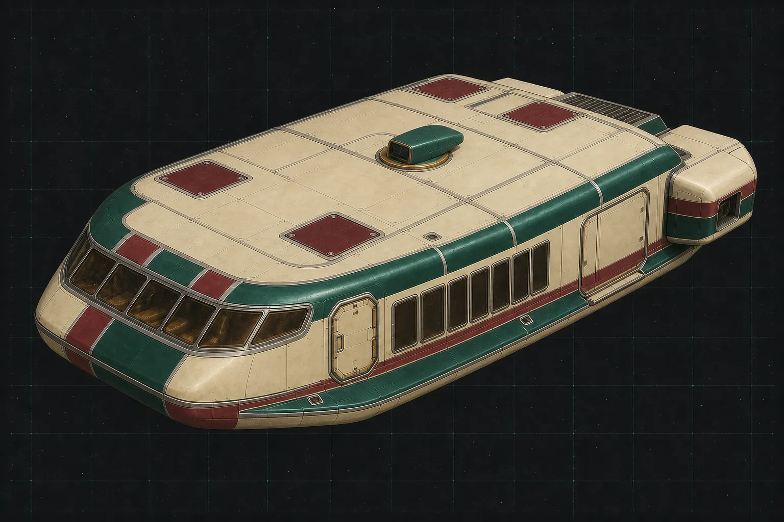 Painted three-quarter view of Wayfarer Armed, an emerald and cream thirty-ton fast boat with a trainable dorsal beam-laser turret.