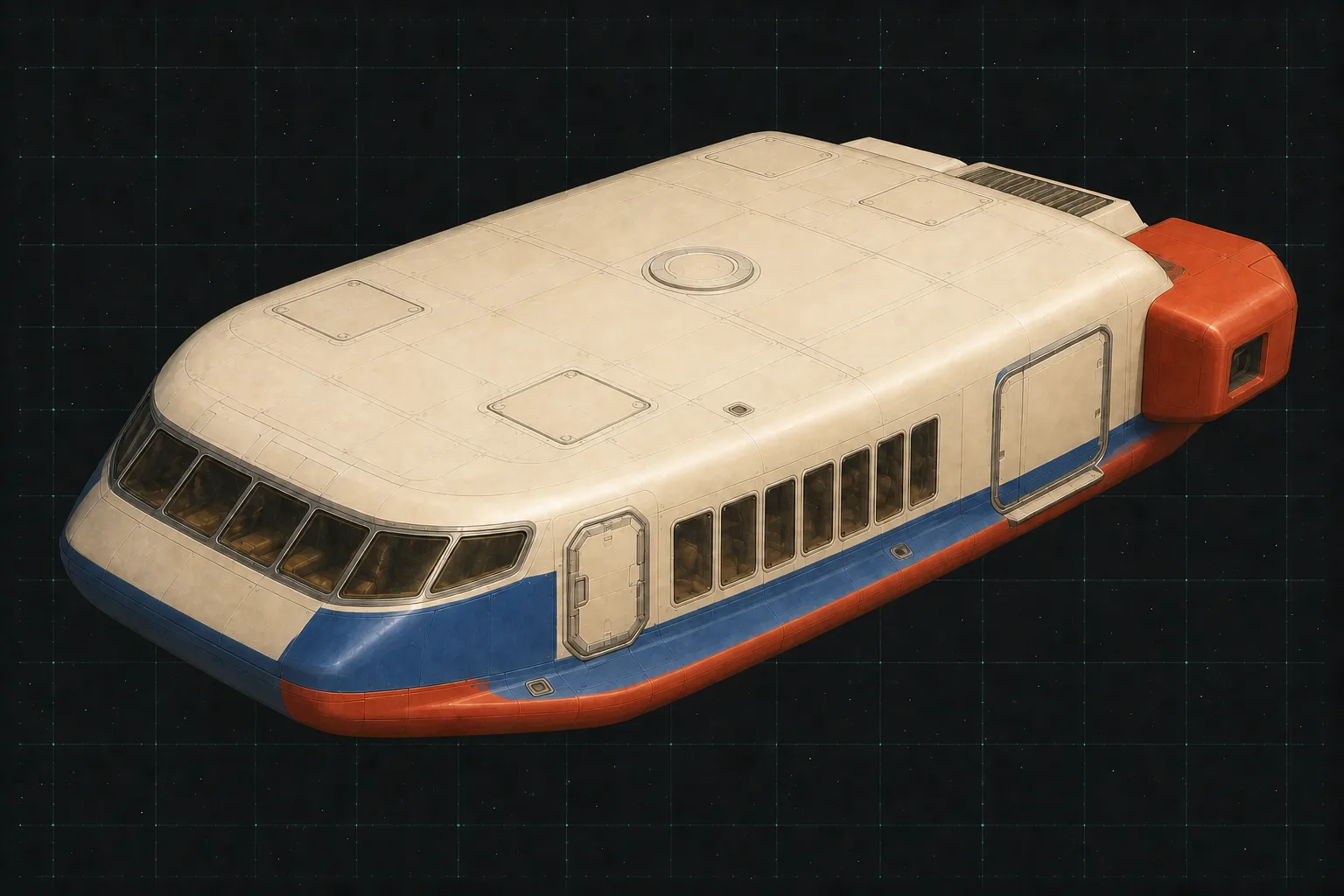 Painted three-quarter view of Wayfarer Cargo, an ivory, vermilion, and blue thirty-ton unarmed utility boat with seven cabin windows.