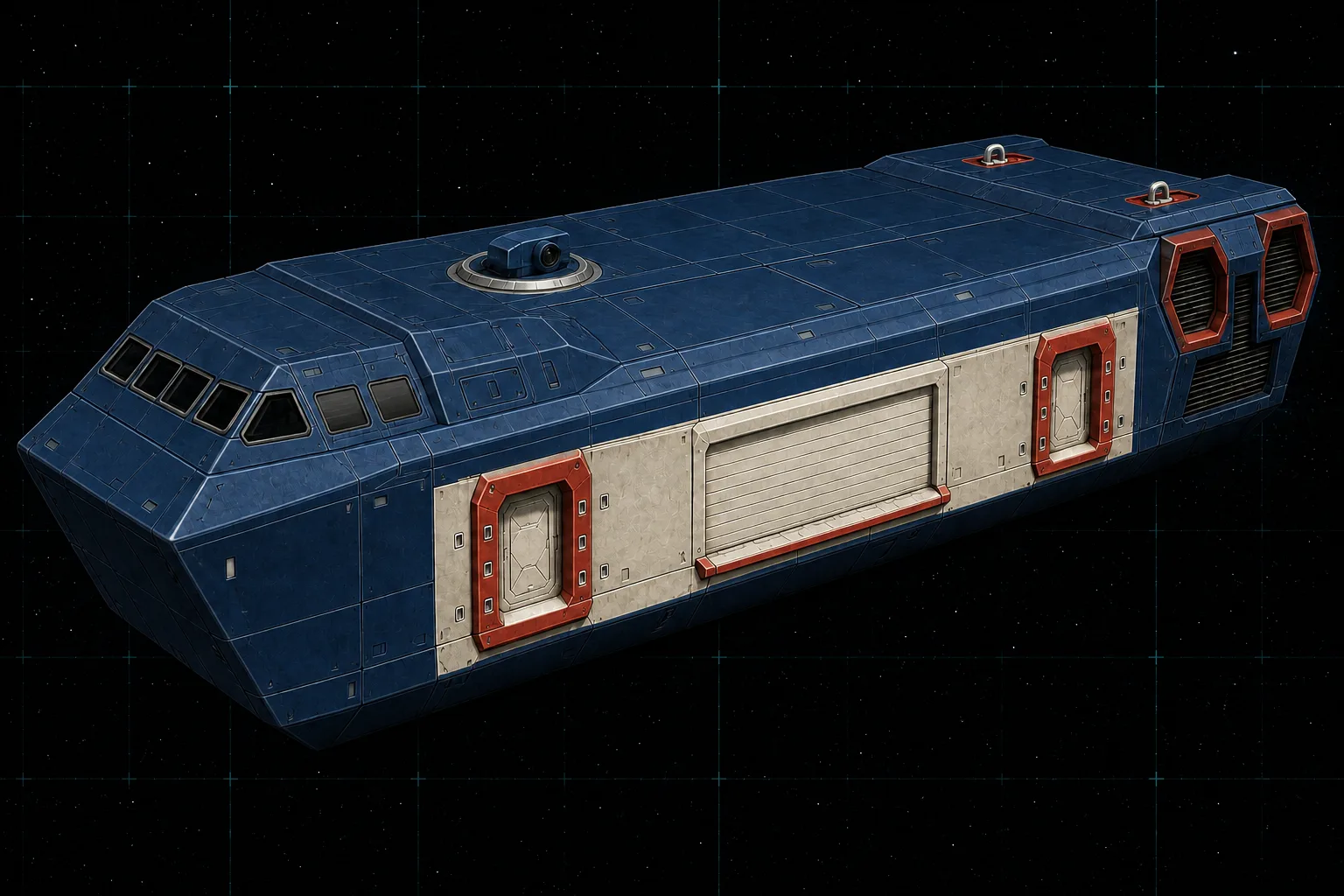 Painted three-quarter view of Goliath, a navy, white, and red ninety-ton assault lander with two airlocks, a stores ramp, and beam-laser turret.