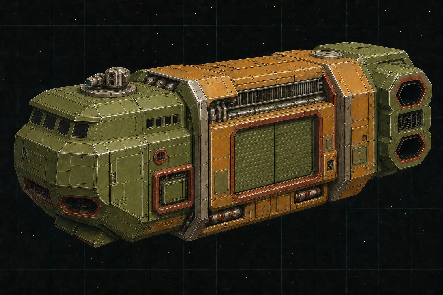 Painted three-quarter view of Humboldt, an avocado and ochre two-hundred-ton prospecting ship with a cutter hangar and mixed turret.