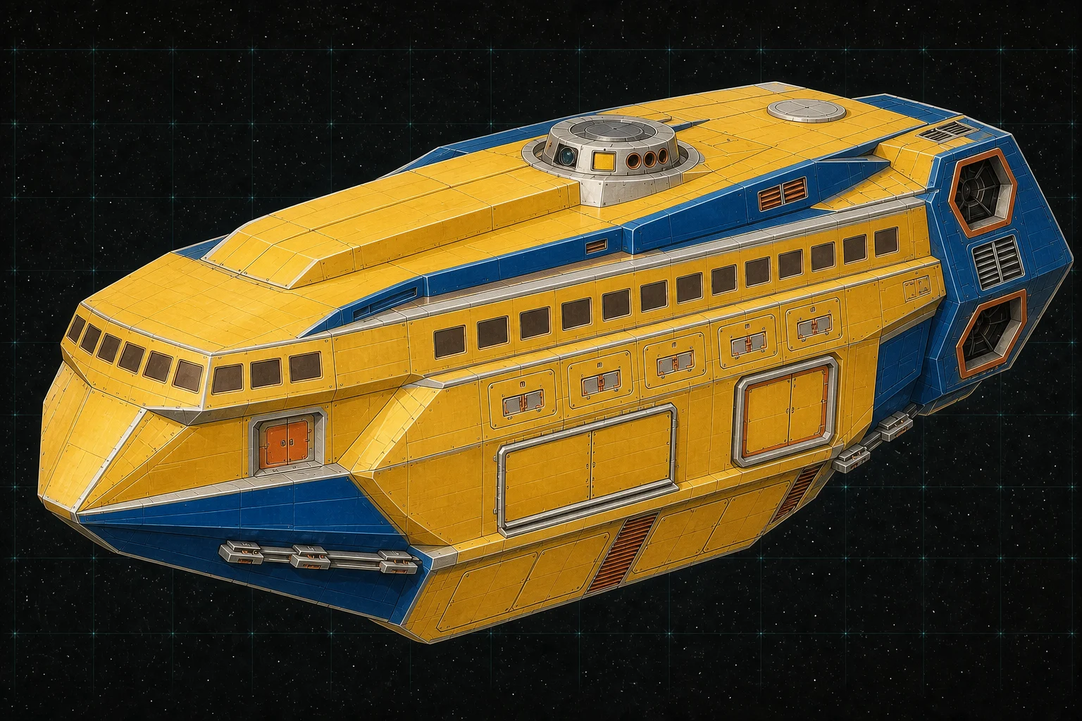 Painted three-quarter view of Sinbad, a sunflower and cobalt two-hundred-ton armored passenger trader with a mixed turret and air-raft bay.