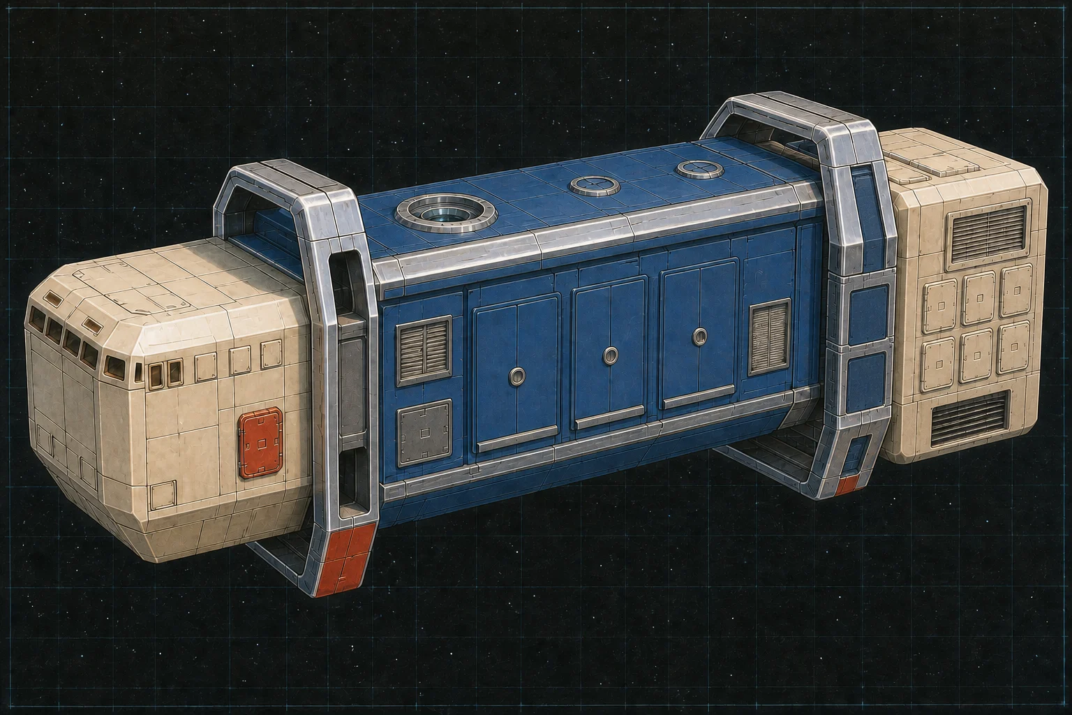 Painted three-quarter view of Hamburg, an ivory and royal-blue three-hundred-ton system freighter with three cargo shutters and blanked drive-service panels.