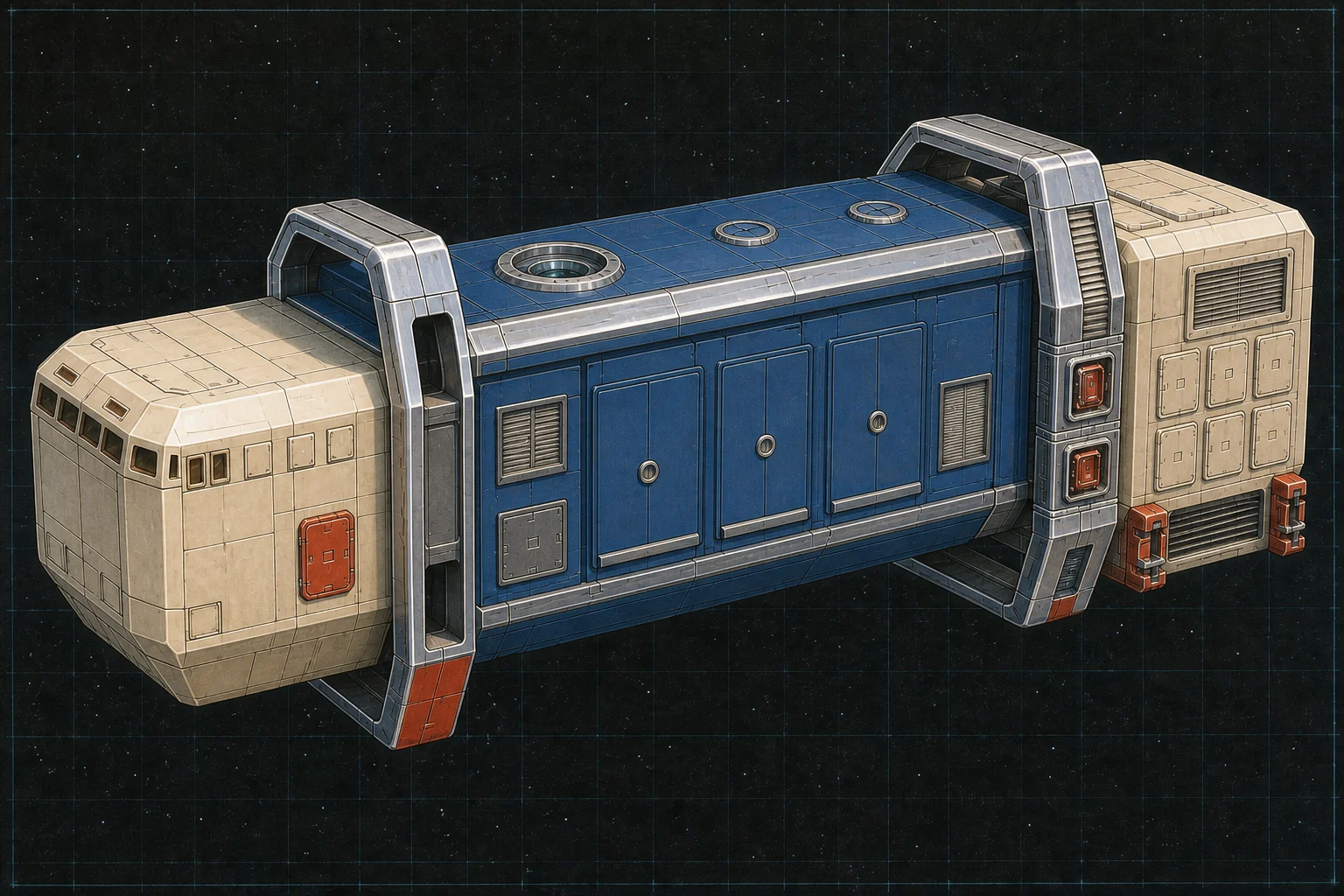 Painted three-quarter view of Lübeck, an ivory and royal-blue three-hundred-ton Jump freighter with three cargo shutters and active drive-service inserts.