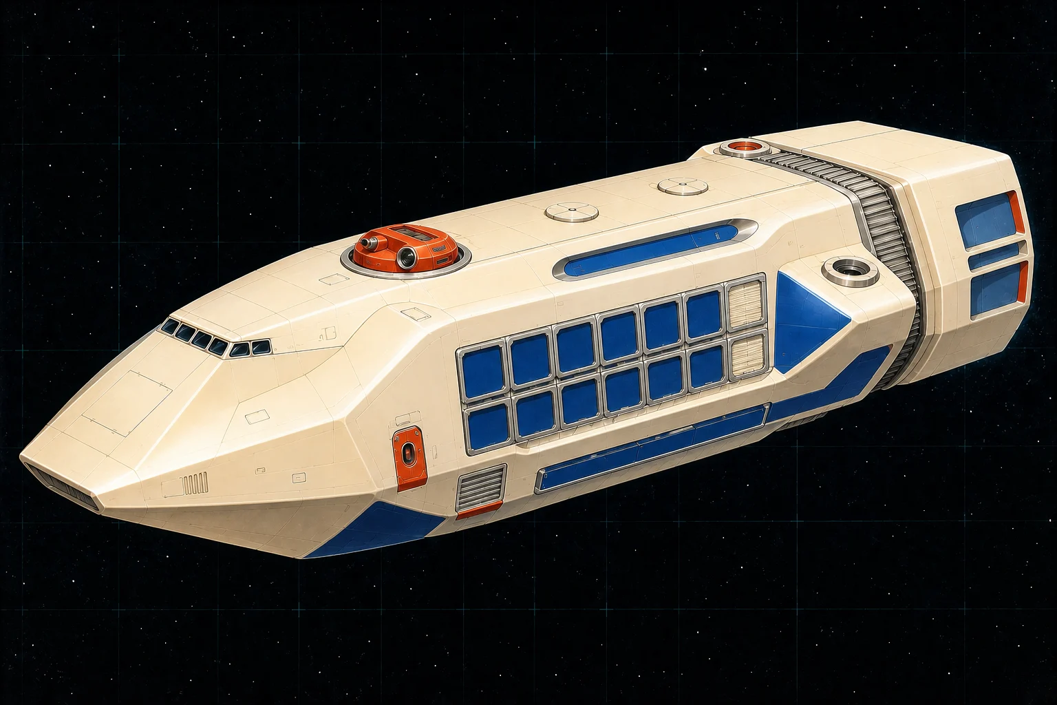 Painted three-quarter view of Aouda, an ivory and royal-blue three-hundred-ton passenger trader with a regular glazed occupancy grid.