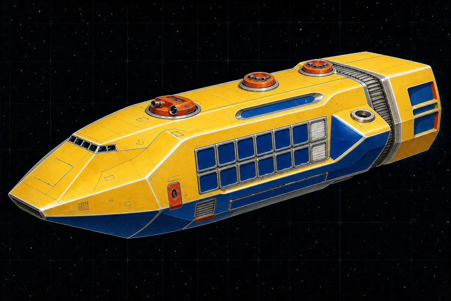 Painted three-quarter view of Fogg, a sunflower and cobalt three-hundred-ton armed passenger liner with three triple turrets and a glazed hotel deck.