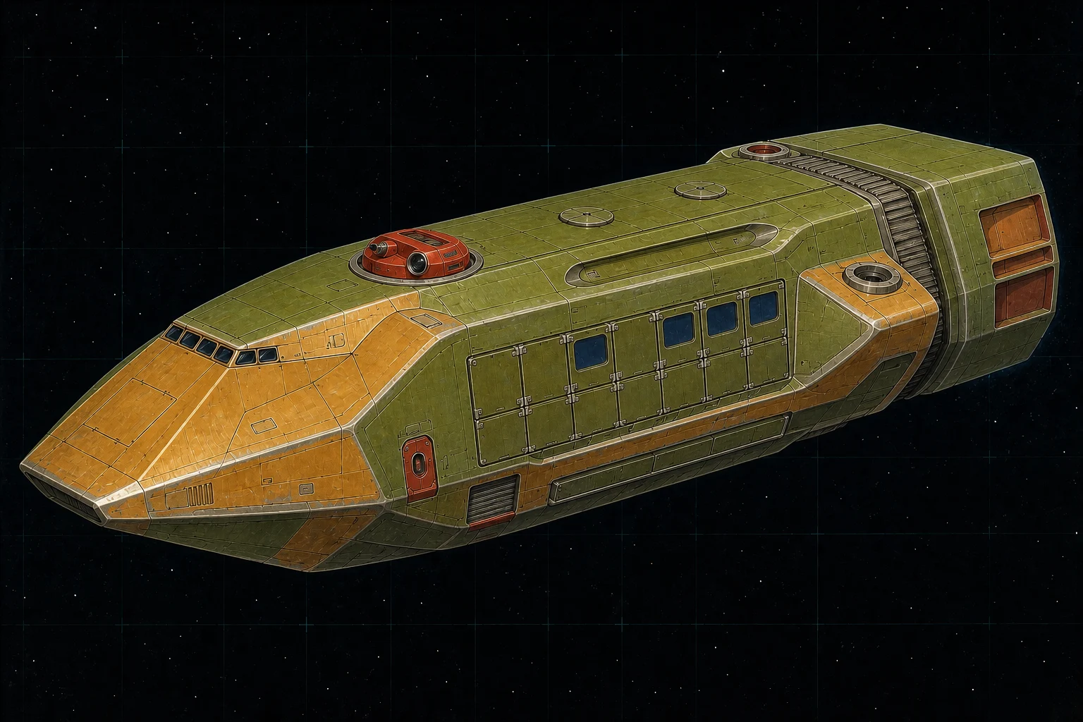 Painted three-quarter view of Hatteras, an avocado and ochre three-hundred-ton frontier trader with paired passenger panes and rugged cargo shutters.