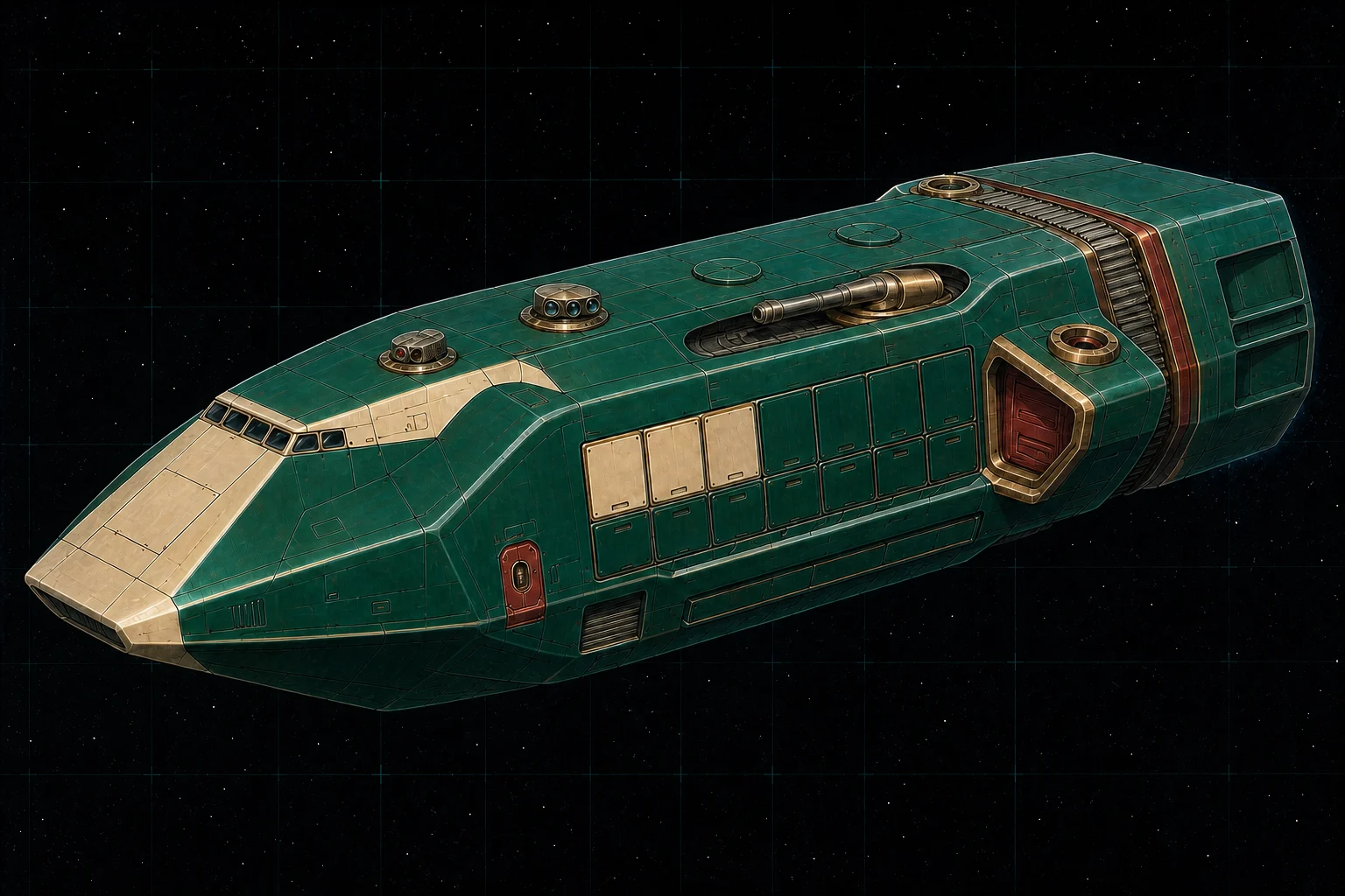 Painted three-quarter view of Nemo, an emerald and cream three-hundred-ton patrol ship with a boat hangar, two turrets, and particle-beam barbette.