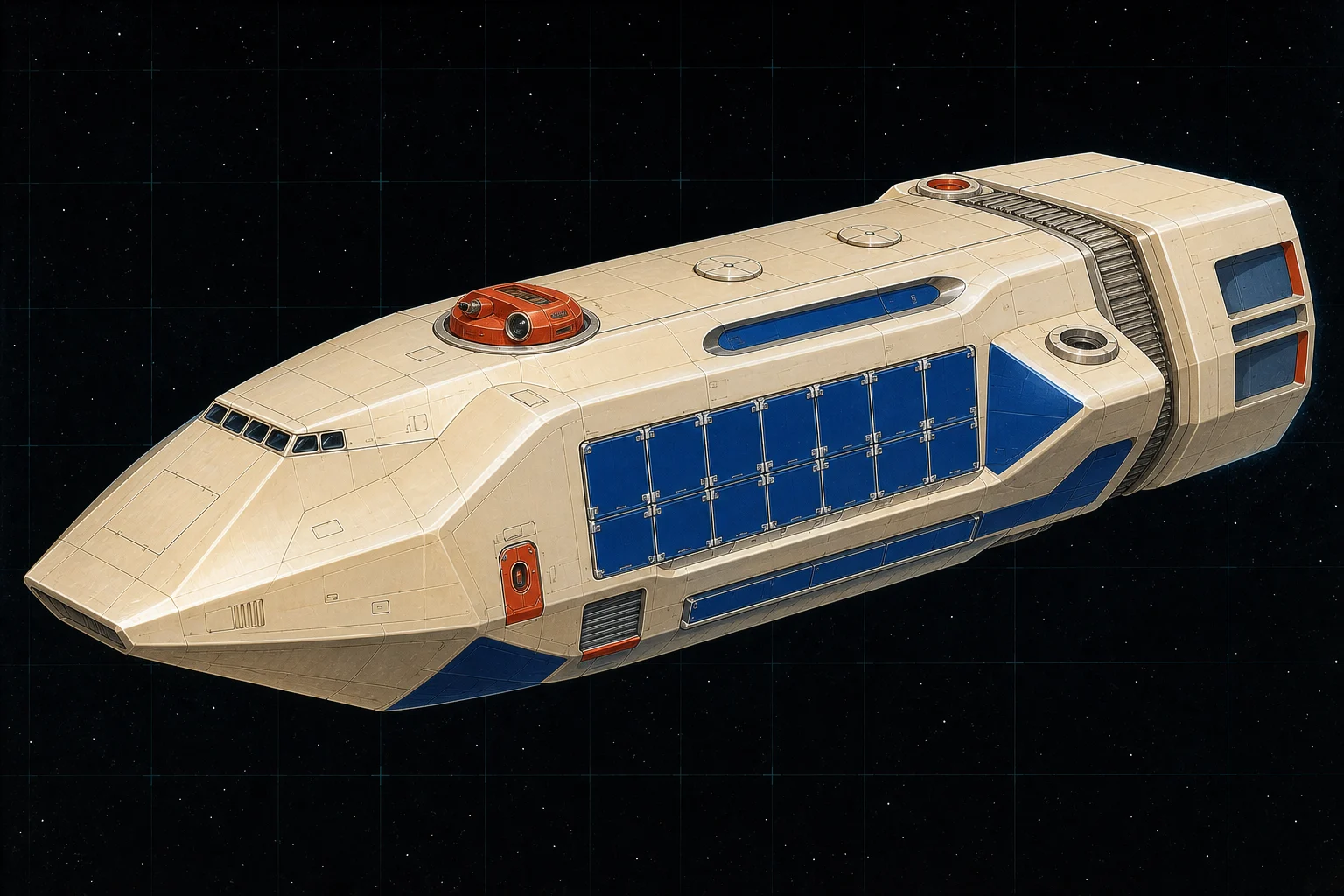 Painted three-quarter view of Passepartout, an ivory and royal-blue three-hundred-ton bulk freighter with twelve closed cargo panels.