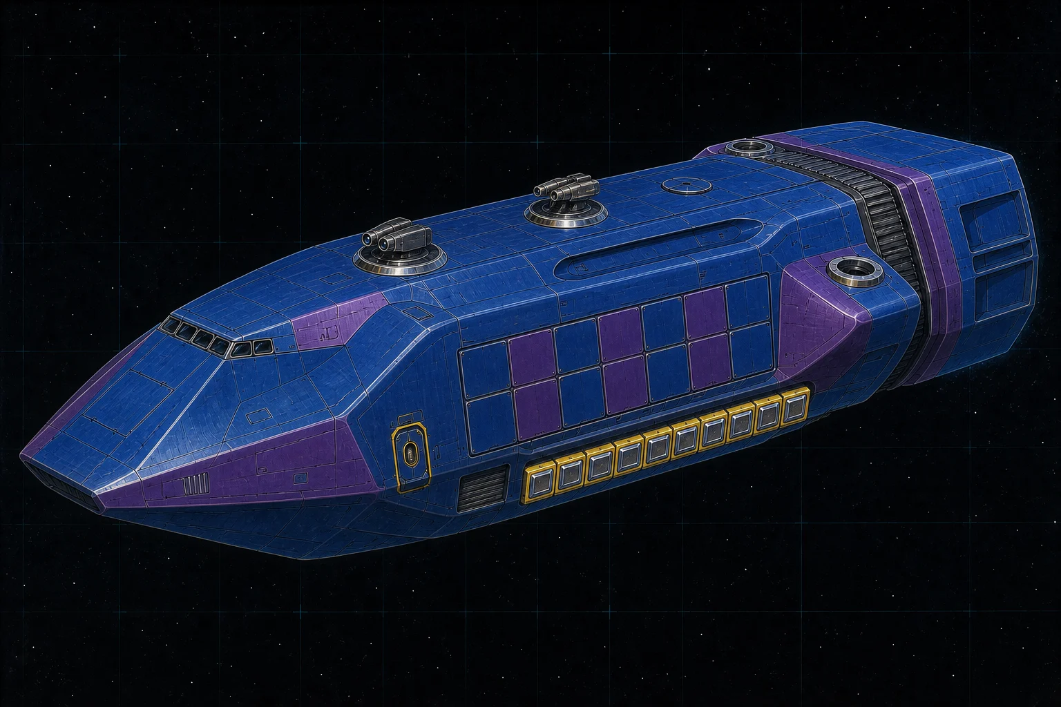 Painted three-quarter view of Stahlstadt, an ultramarine and violet three-hundred-ton missile ship with a yellow-collared launch bank.
