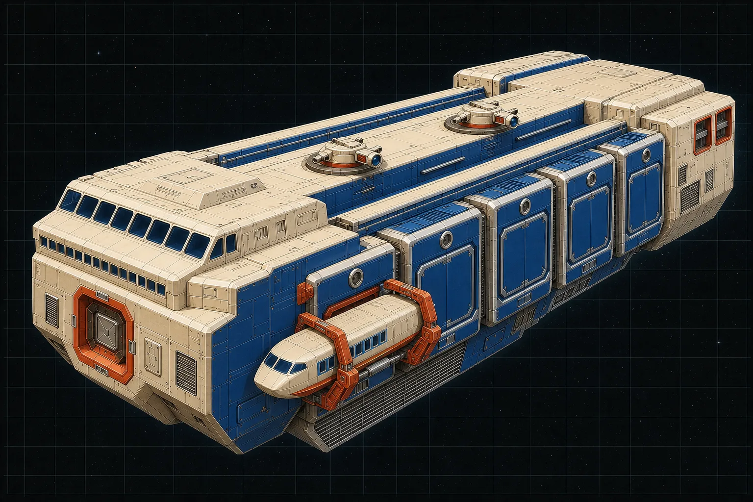 Painted three-quarter view of Ithaca, an ivory and blue eight-hundred-ton modular freighter carrying an externally docked Albatross pinnace.