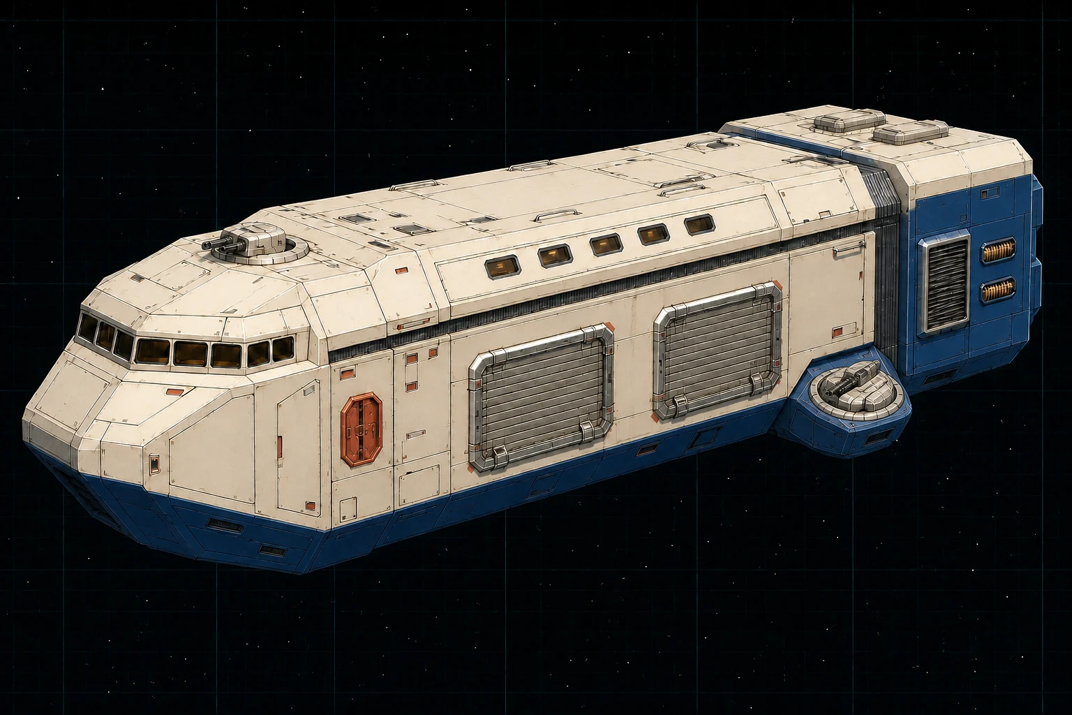 Painted three-quarter view of the ivory, royal-blue, and chrome four-hundred-ton Bellamy merchant family with two freight shutters.