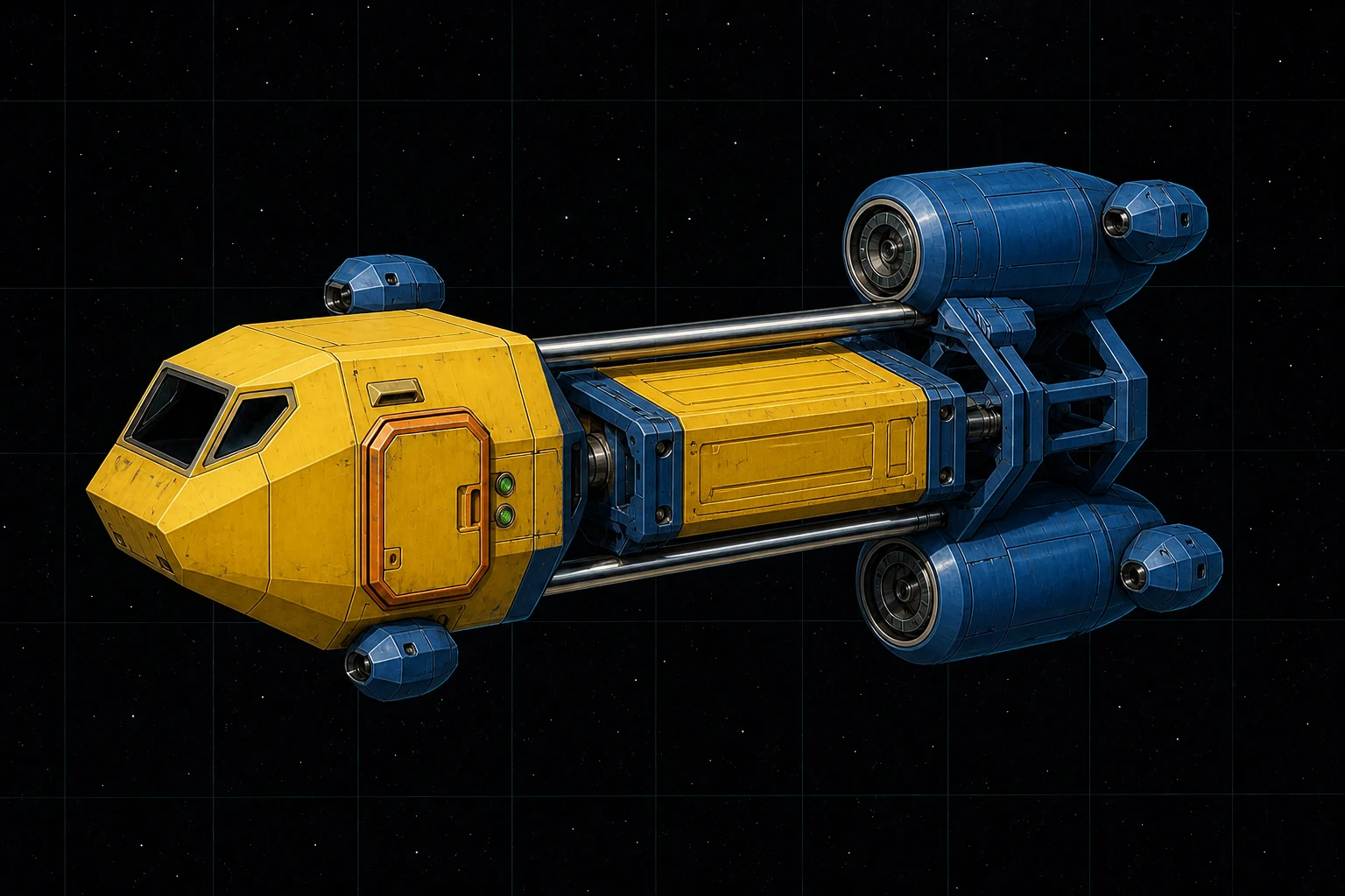 Painted three-quarter view of Hermes, a yellow and blue ten-ton distributed courier pod with a sealed central cargo module.