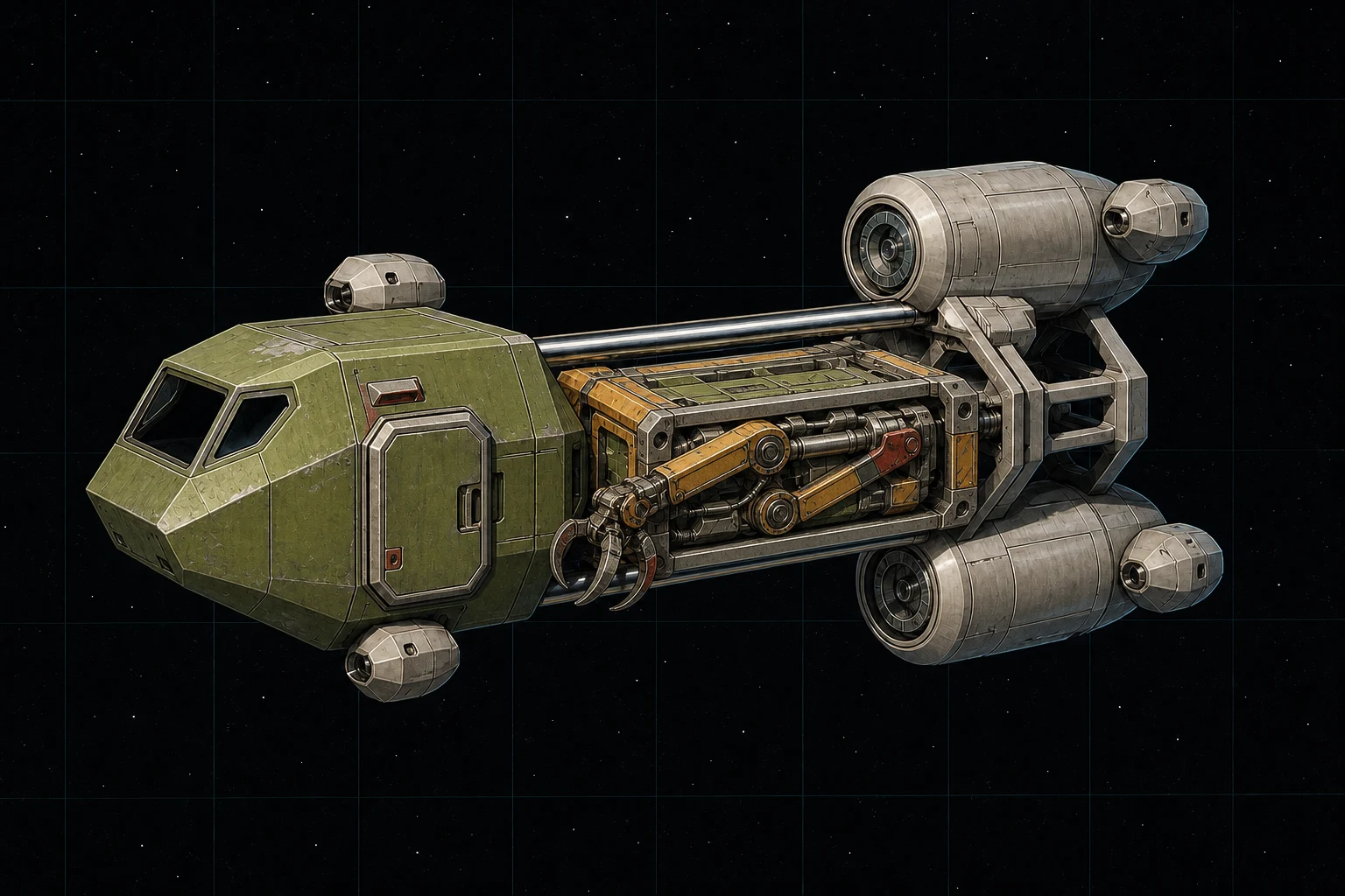 Painted three-quarter view of Labyrinth, a green and ochre ten-ton distributed utility pod with a stowed industrial grappling arm.