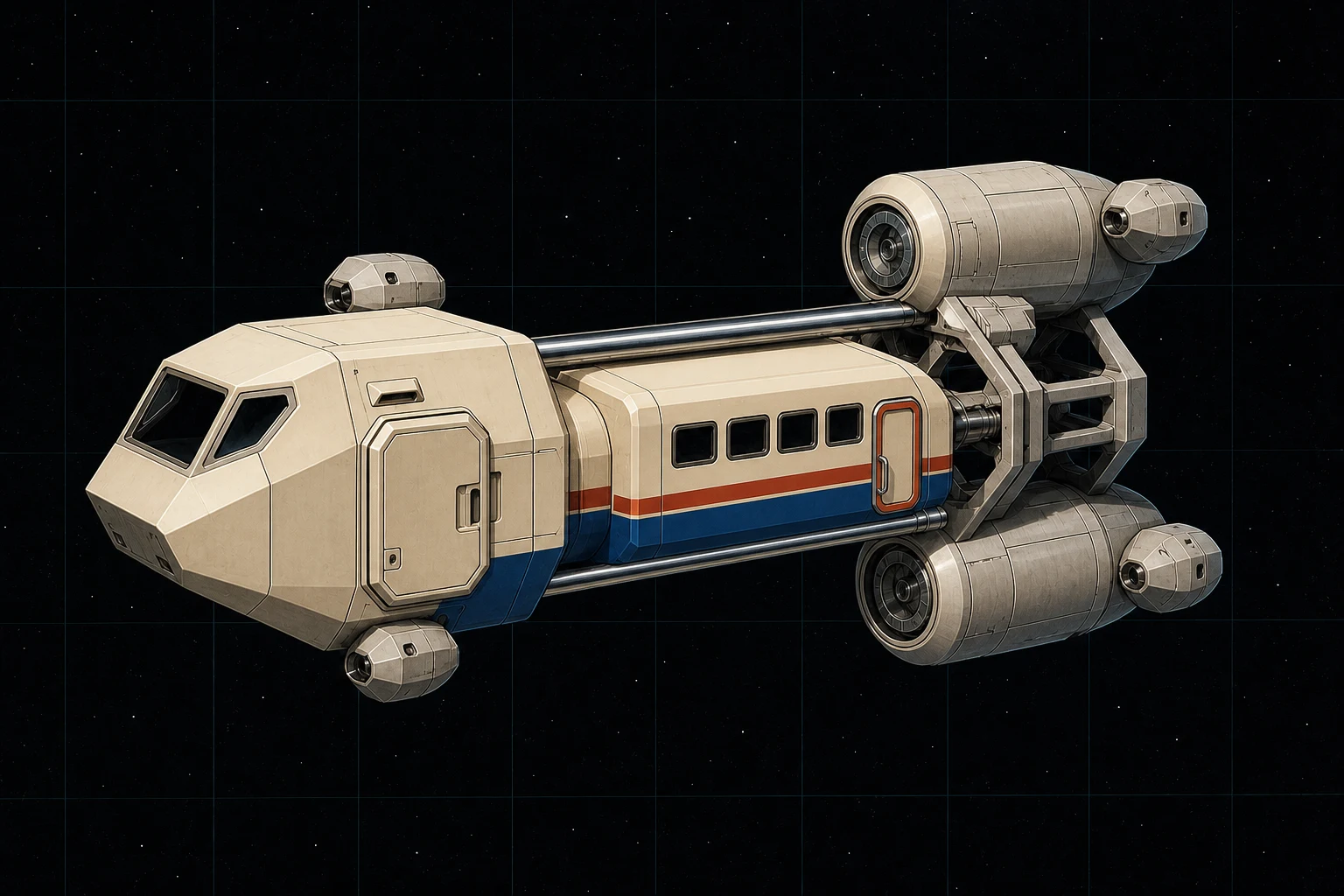 Painted three-quarter view of Knossos, an ivory, blue, and vermilion ten-ton distributed passenger pod with four visible cabin windows.