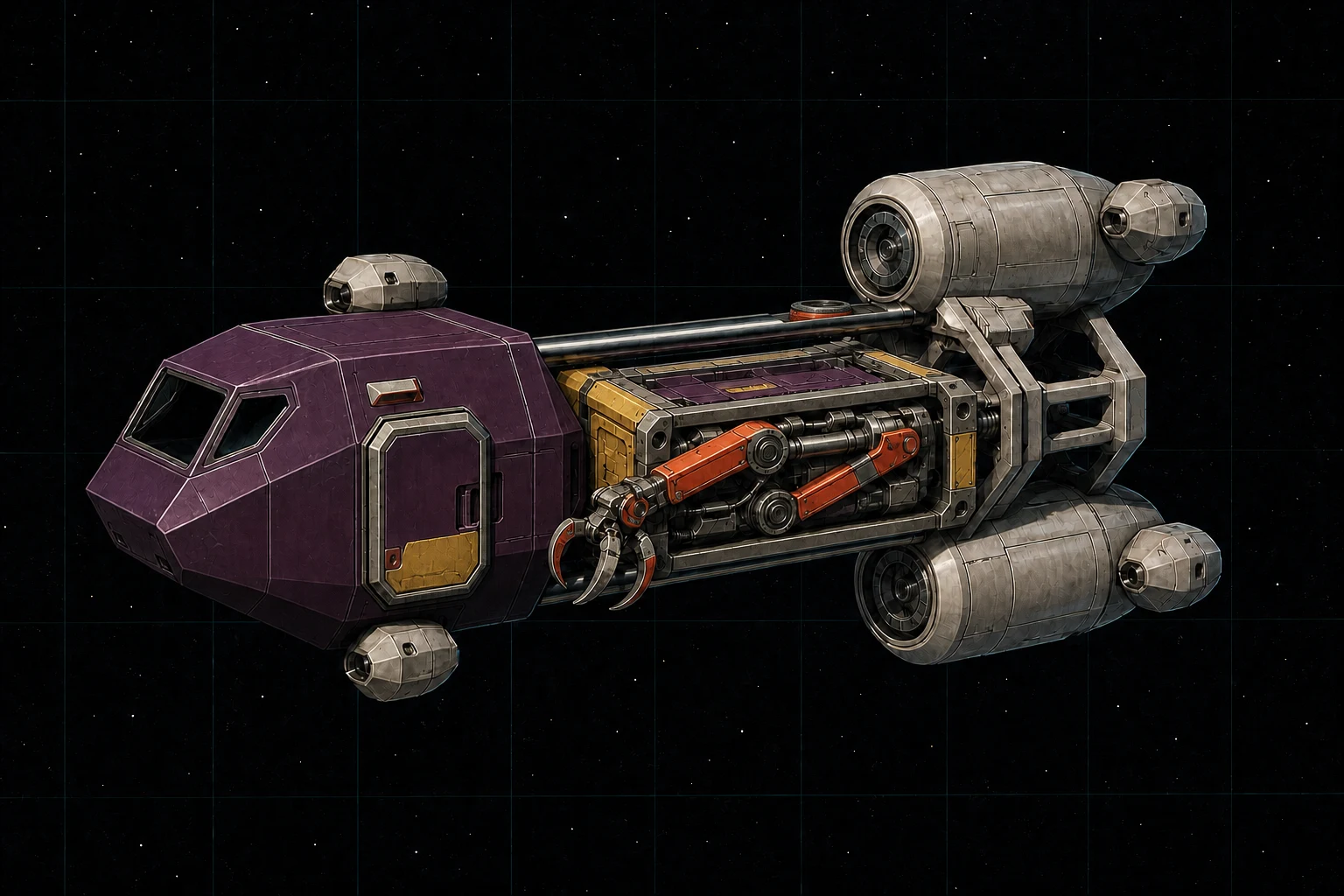Painted three-quarter view of Minotaur, an aubergine and orange ten-ton distributed boarding pod with a grappling arm and docking collar.