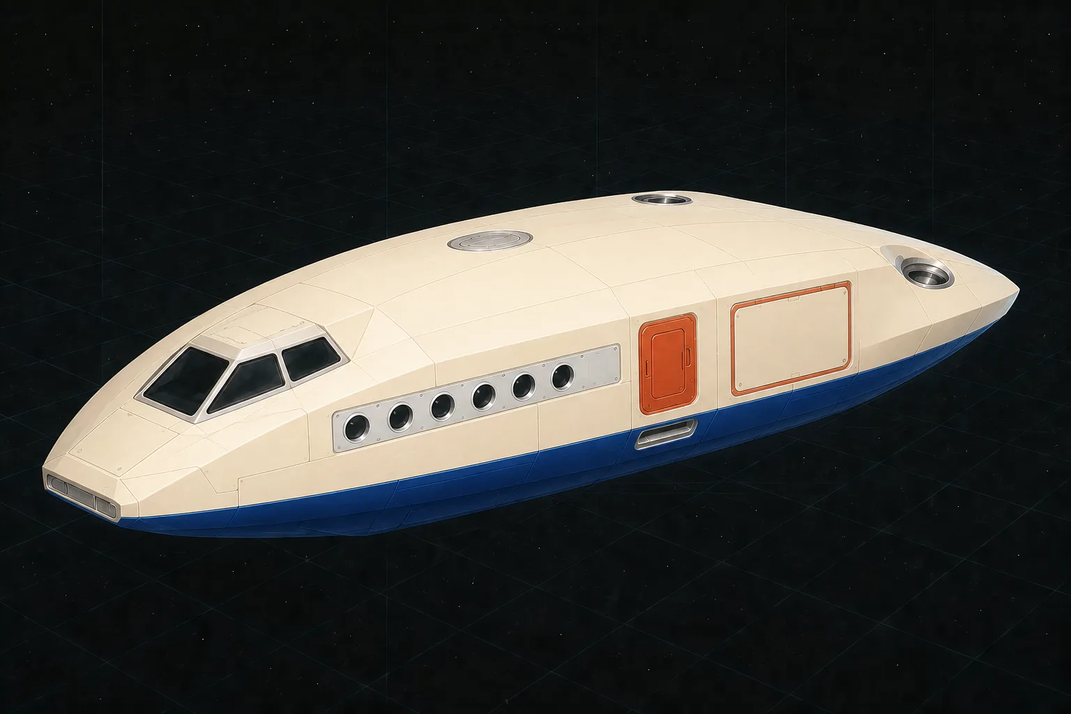 Painted three-quarter view of Aeolus, an ivory, blue, and vermilion twenty-ton streamlined utility launch with six cabin windows.