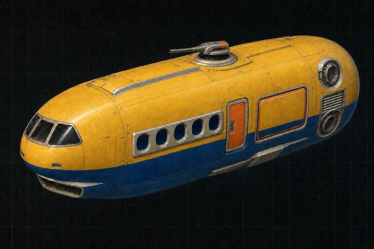 Painted three-quarter view of Argus, a sunflower and cobalt twenty-ton armored launch with one dorsal beam-laser turret.