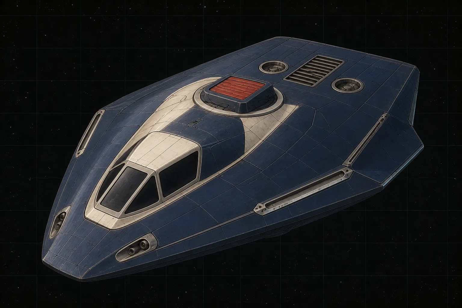Painted three-quarter view of Icarus I, a navy, ivory, and red ten-ton wingless carrier interceptor with a shuttered missile turret.