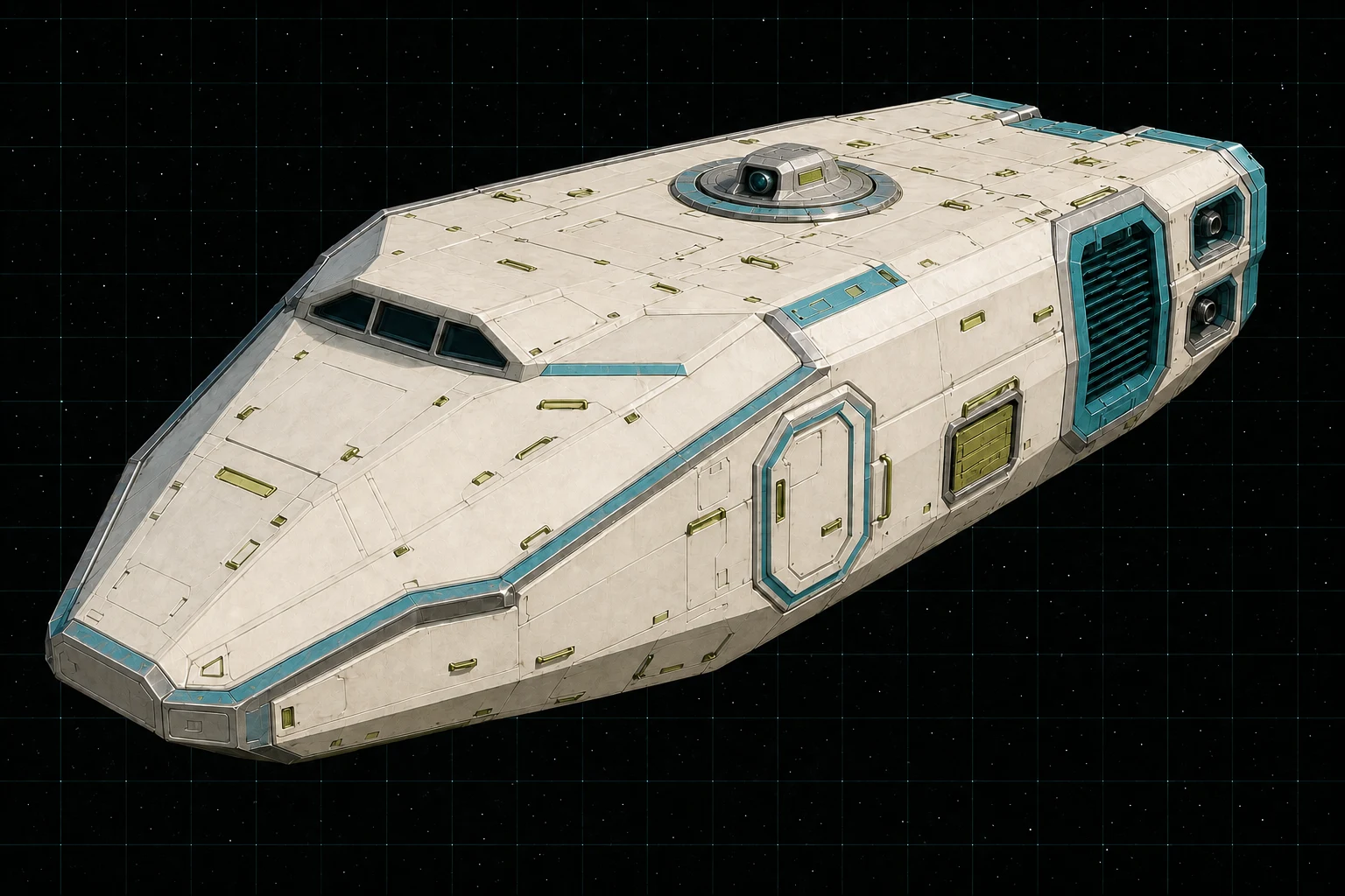 Painted three-quarter view of Argo, a warm-white, cyan, lime, and chrome twenty-ton shield-shaped boarding launch with one beam-laser turret.