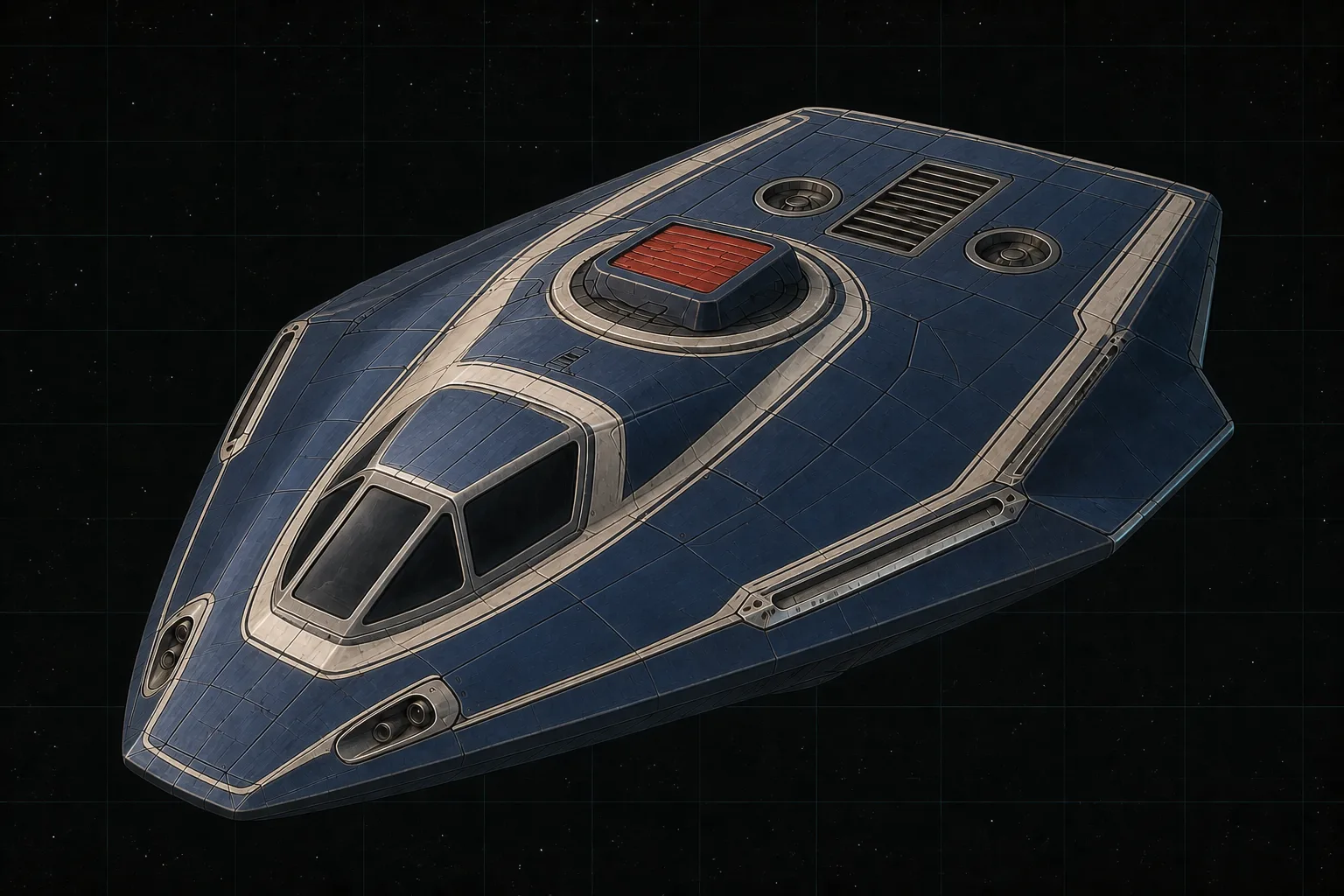 Painted three-quarter view of Icarus II, a navy, ivory, and red ten-ton wingless carrier interceptor with doubled armor bands.