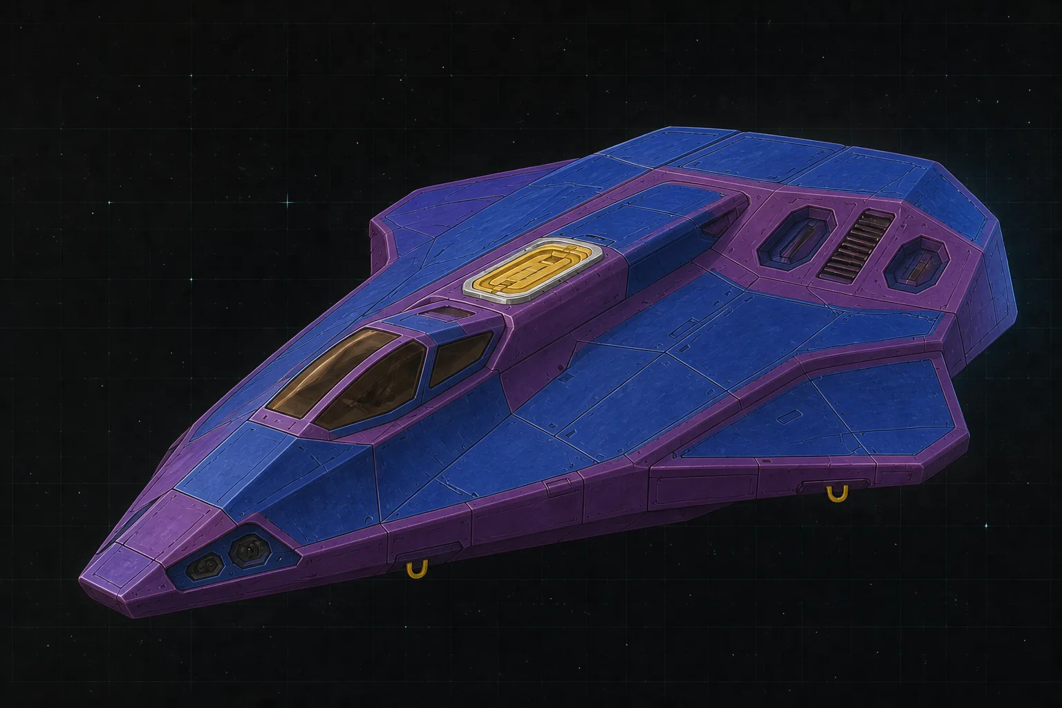Painted three-quarter view of Skuld, an ultramarine and violet ten-ton arrowhead missile fighter with a closed yellow launch shutter.