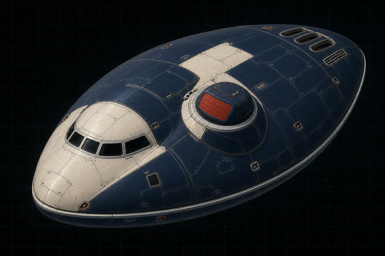 Painted three-quarter view of Orion, a navy, warm-white, red, and aluminum ten-ton lenticular patrol fighter with a closed missile turret.
