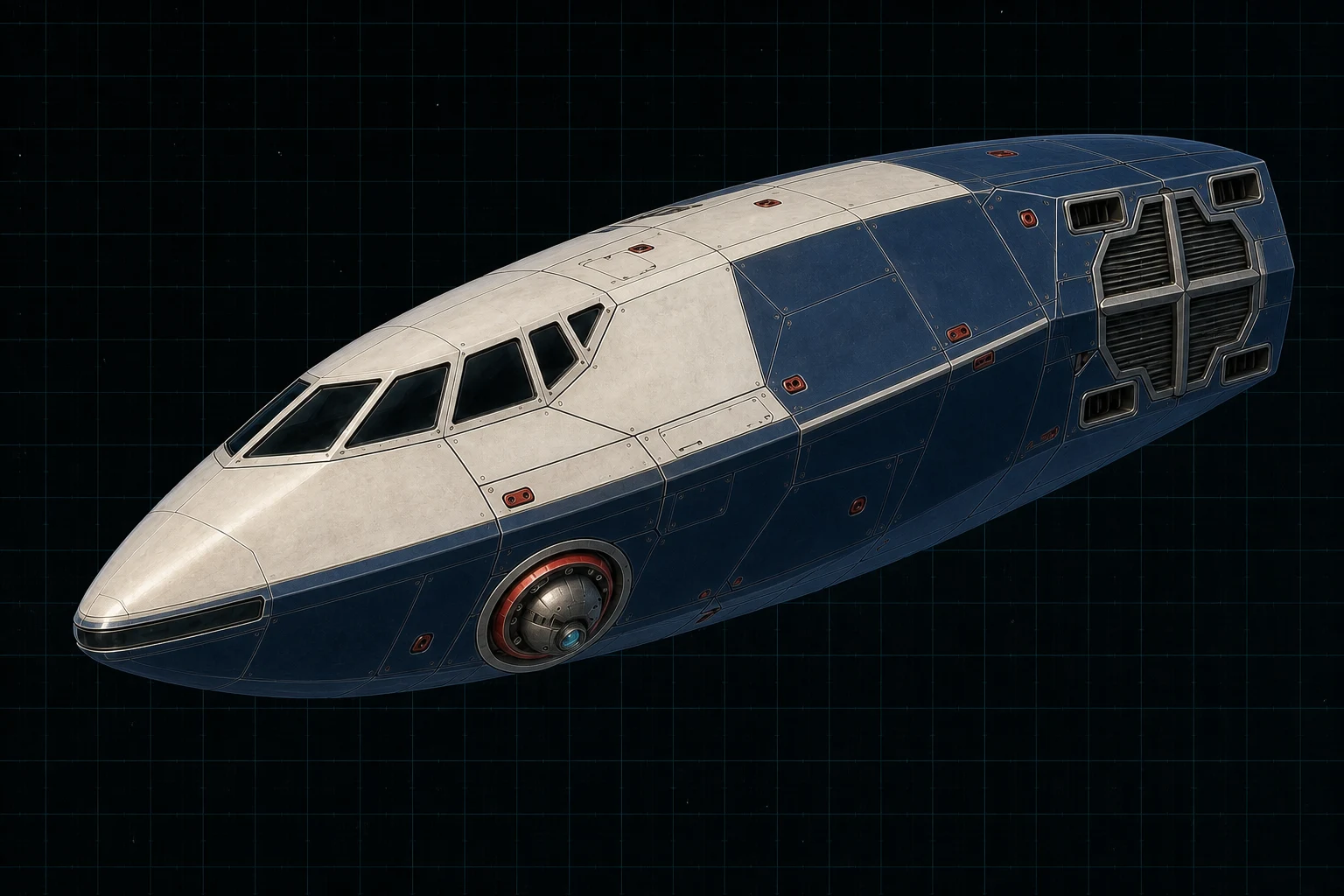 Painted three-quarter view of Apollo, a navy, warm-white, red, and aluminum ten-ton spindle fighter with a lower-port beam-laser turret.