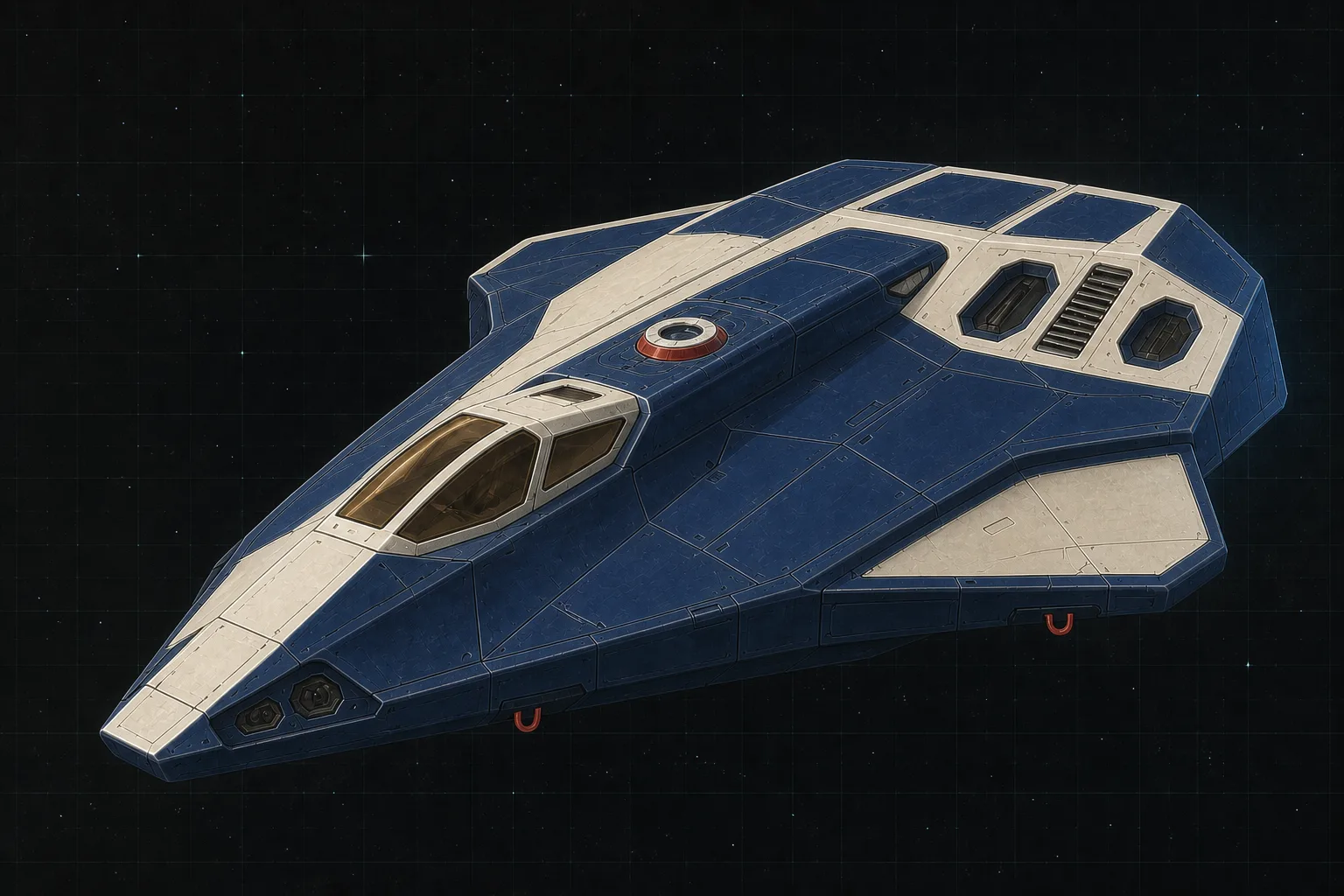 Painted three-quarter view of Sigrun, a navy and ivory ten-ton arrowhead fighter with one fixed dorsal beam-laser emitter.