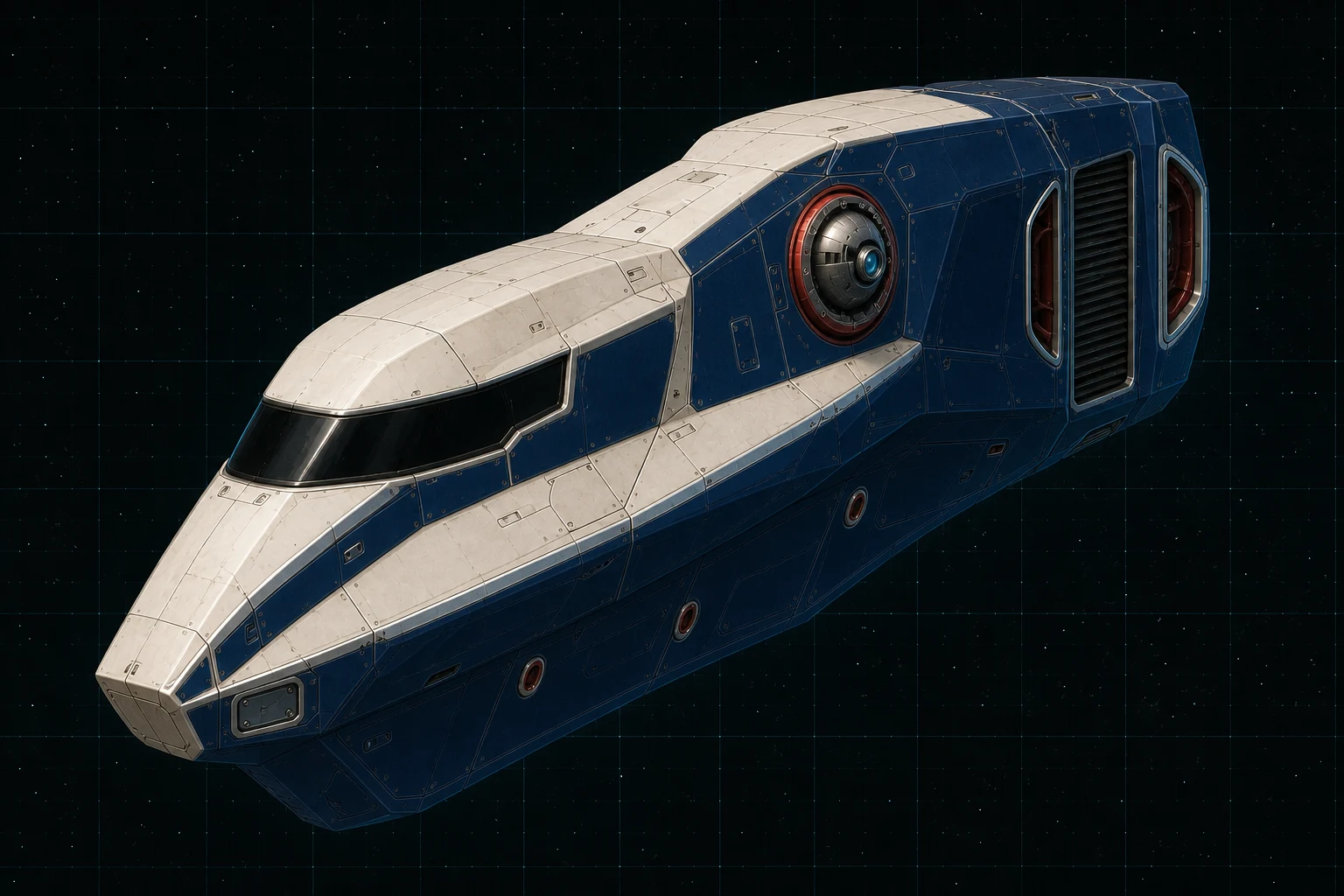Painted three-quarter view of Horatius, a navy, warm-white, red, and aluminum ten-ton tower-shield interceptor with an aft-flank beam turret.