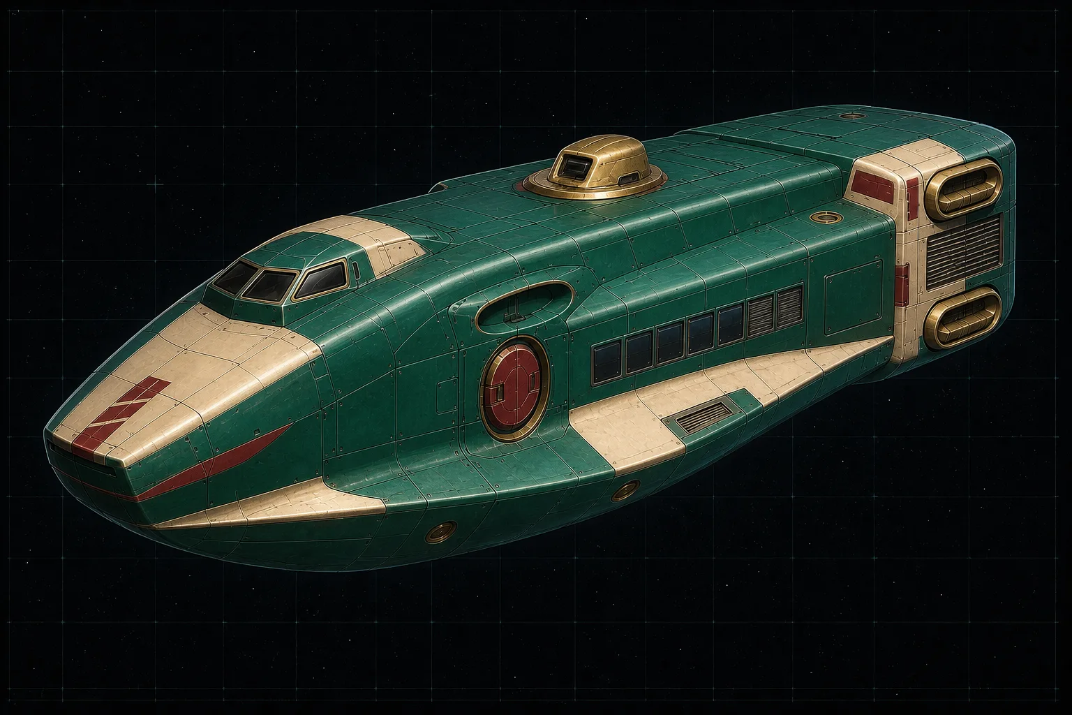 Painted three-quarter view of Jason, an emerald and cream thirty-ton armored transport with four cabin windows and a beam-laser turret.