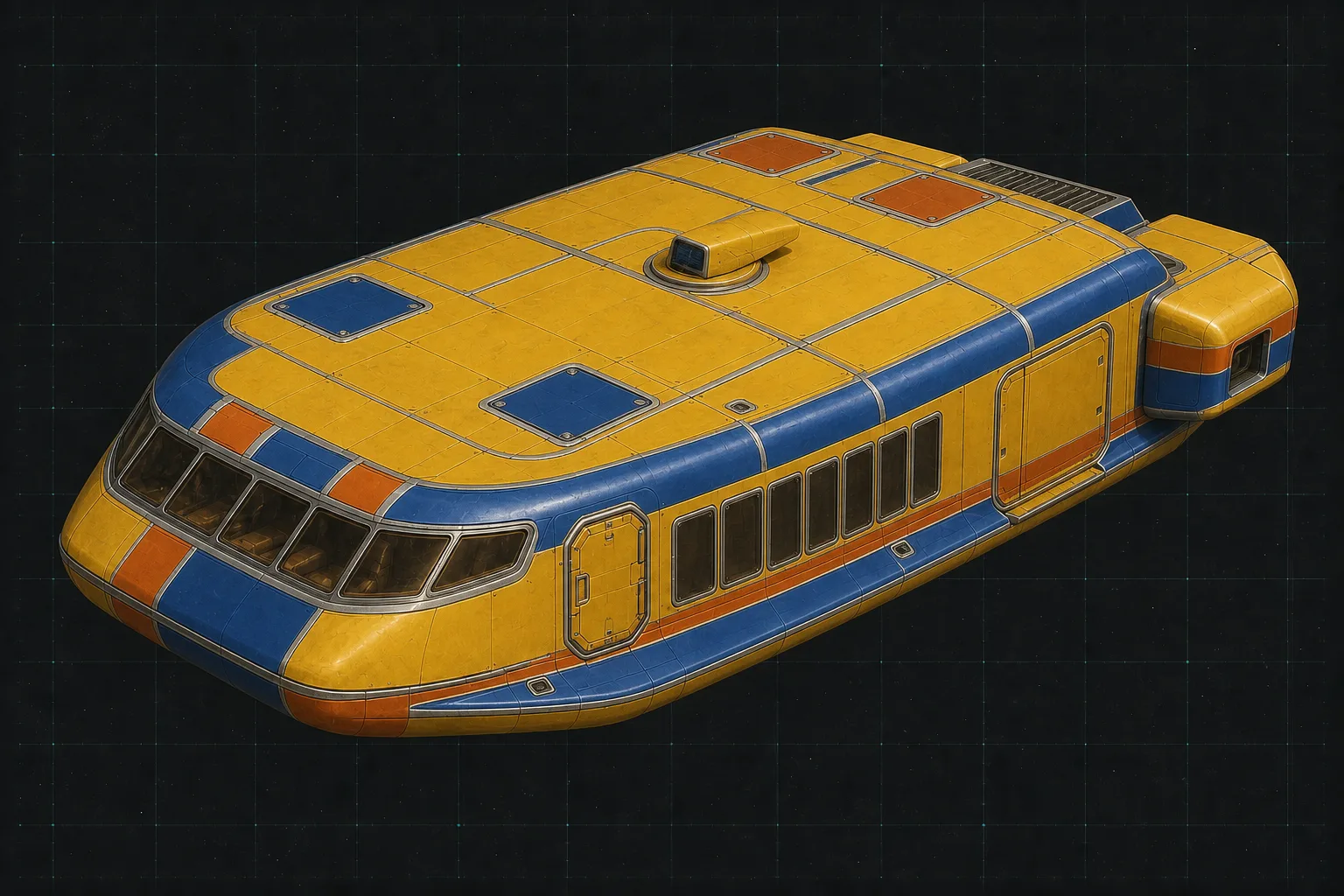 Painted three-quarter view of Wayfarer Utility, a yellow and cobalt thirty-ton utility boat with a fixed dorsal beam-laser emitter.