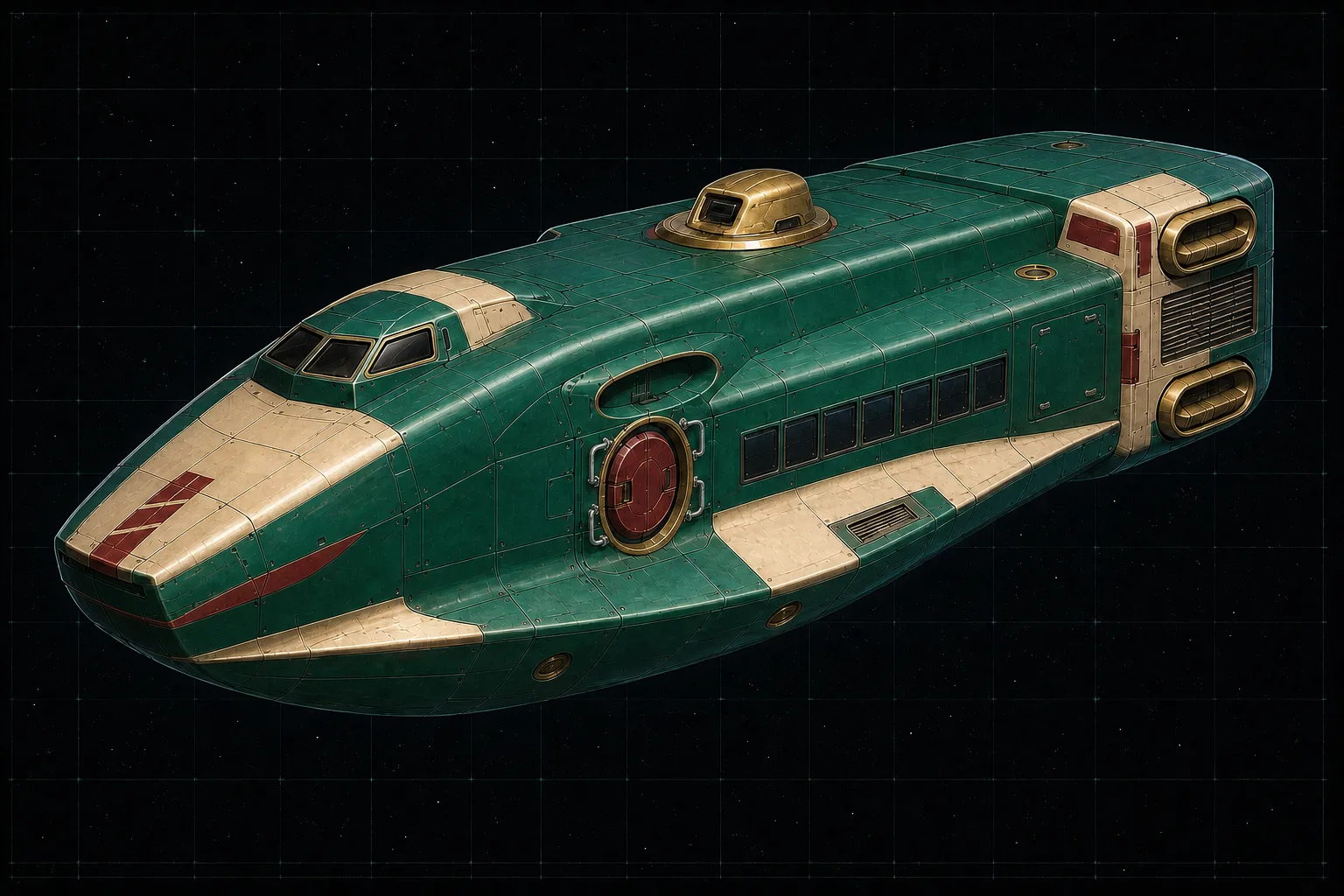 Painted three-quarter view of Medea, an emerald and cream thirty-ton boarding transport with six cabin windows and airlock handholds.