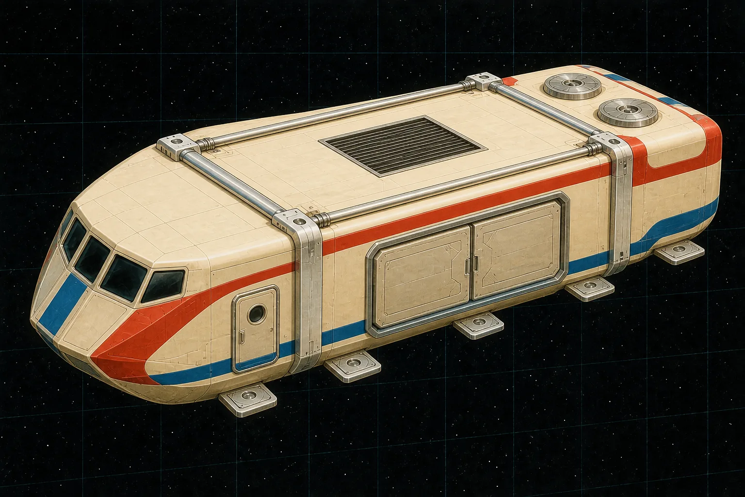 Painted three-quarter view of Proteus Cargo, an ivory, vermilion, and blue fifty-ton modular lighter with a broad two-leaf cargo door.