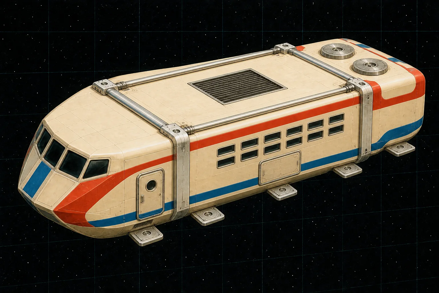 Painted three-quarter view of Proteus Passenger, an ivory, vermilion, and blue fifty-ton modular shuttle with six paired window groups.