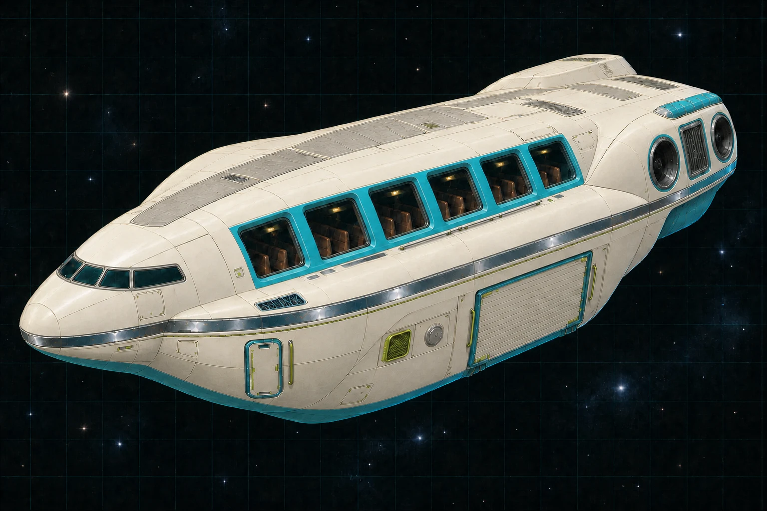 Painted three-quarter view of Pegasus, a warm-white, cyan, lime, and chrome fifty-ton passenger boat with six window bays and a freight door.