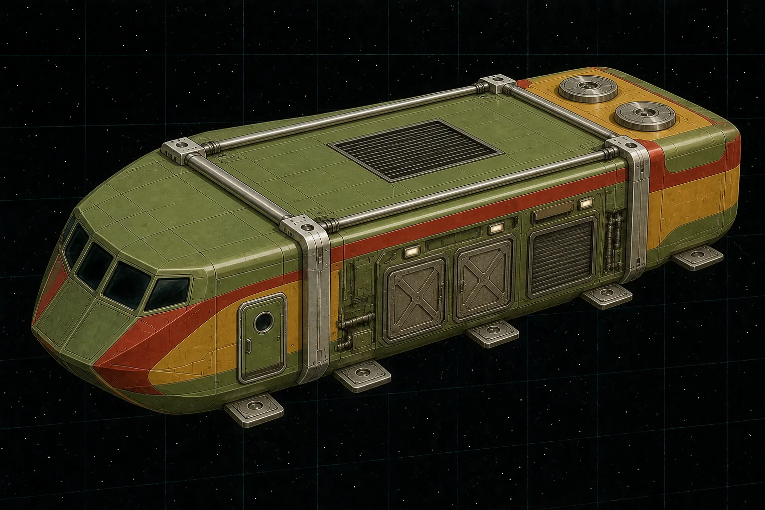 Painted three-quarter view of Proteus Prospector, an avocado, ochre, and brick-red fifty-ton mining boat with workshop and drone shutters.