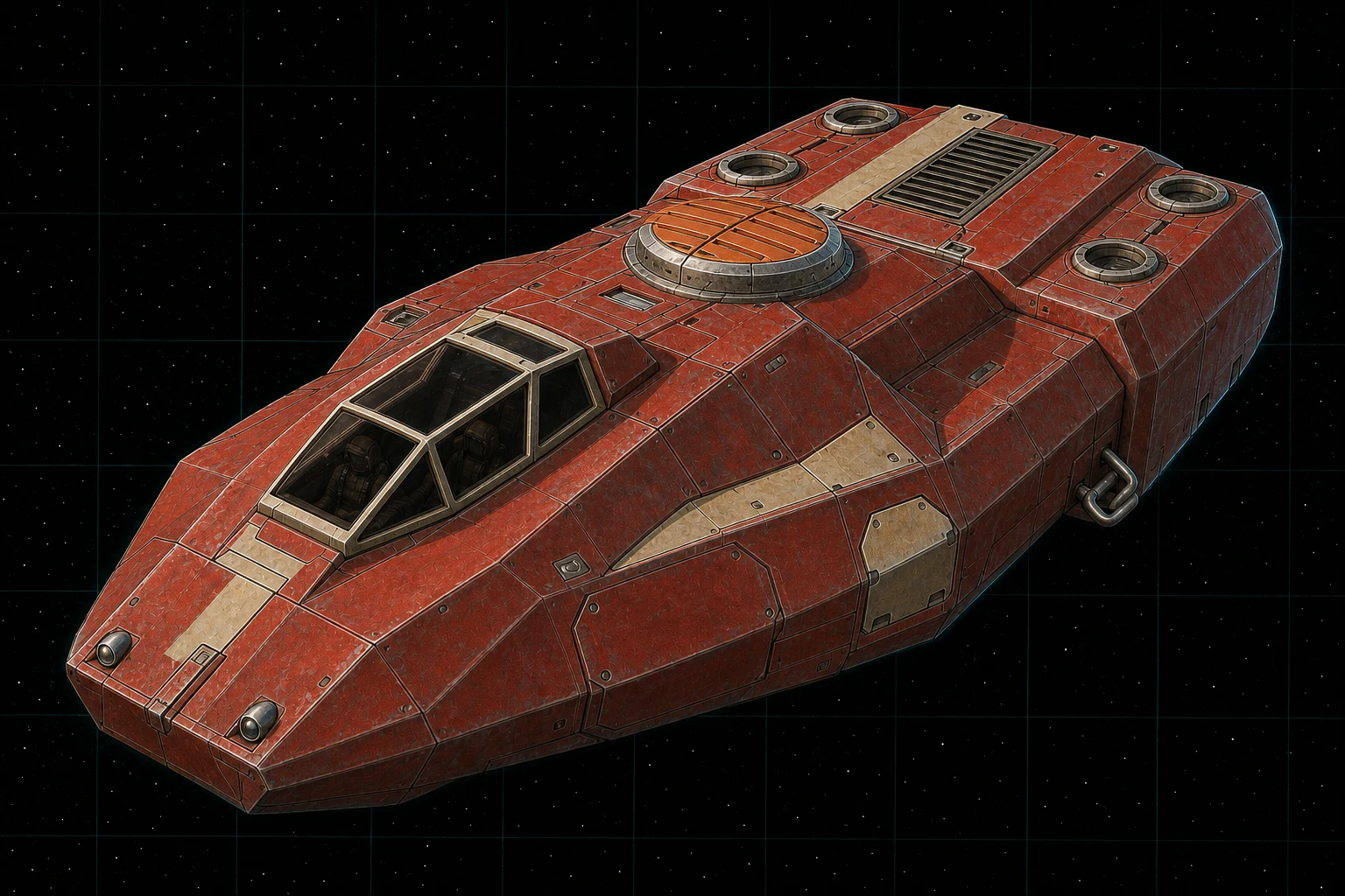 Painted three-quarter view of Bellerophon, a fire-red, bone, and stainless fifteen-ton two-seat strike fighter with a shuttered missile turret.