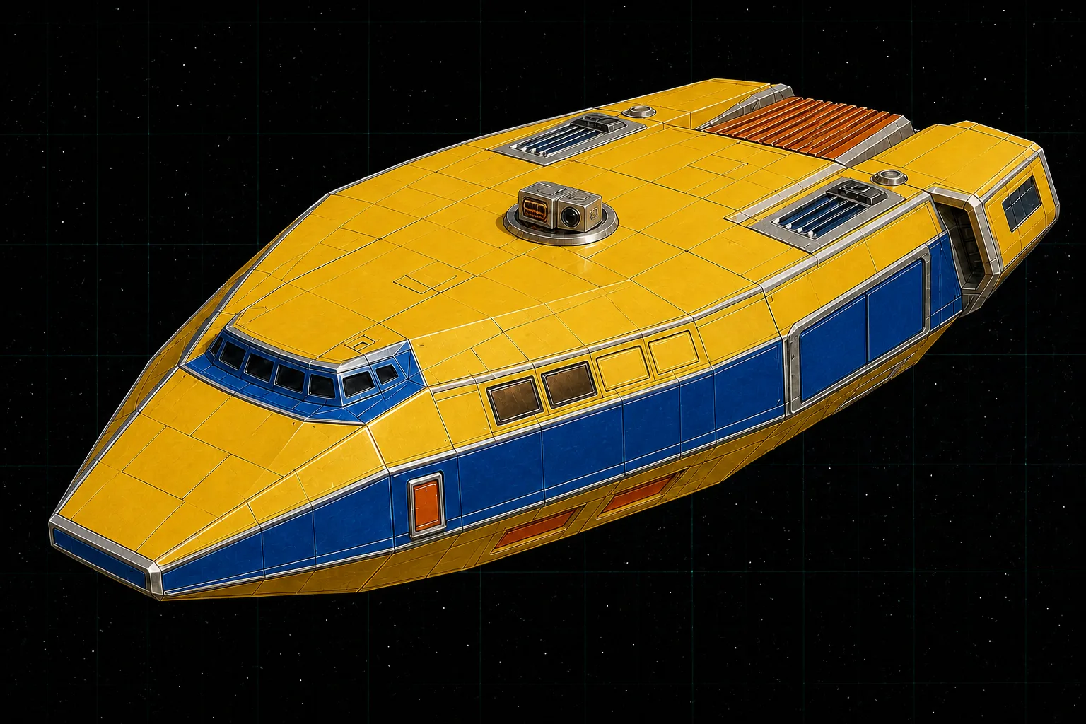 Painted three-quarter view of Pym, a yellow and cobalt hundred-ton dispatch courier with a mixed triple turret and broad freight door.