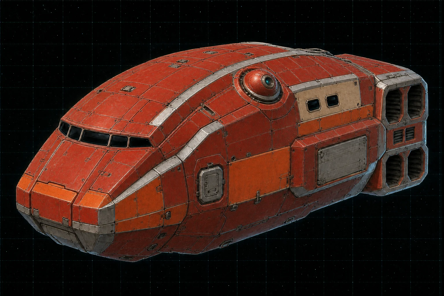 Painted three-quarter view of Myrmidon, a fire-red, orange, bone, and stainless forty-ton armored strike boat with a side beam-laser turret.