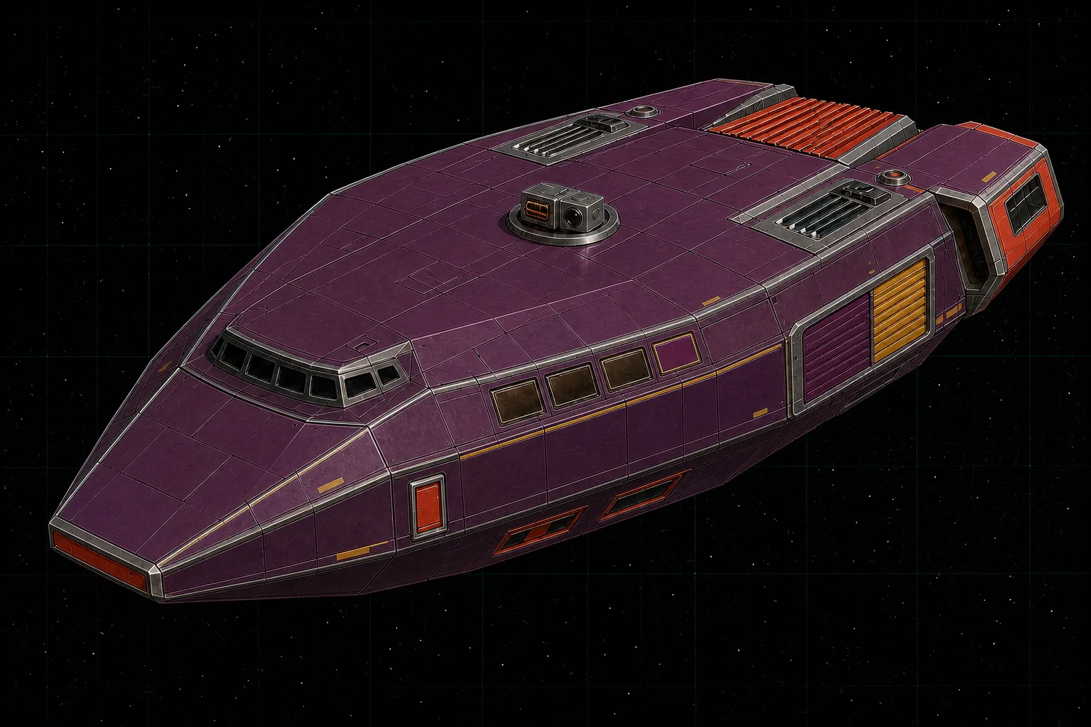 Painted three-quarter view of Ligeia, an aubergine hundred-ton covert courier with split cargo and hangar shutters and point defense.