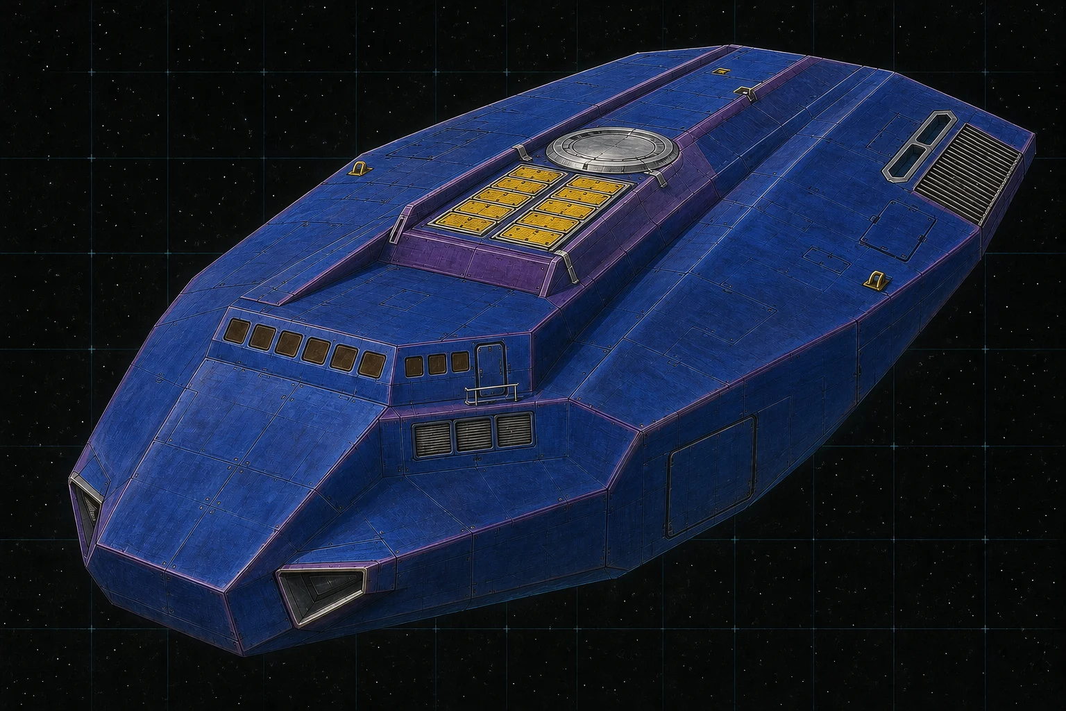 Painted three-quarter view of Congreve Strike, an ultramarine and violet eighty-ton missile boat with twin yellow launch-shutter banks.