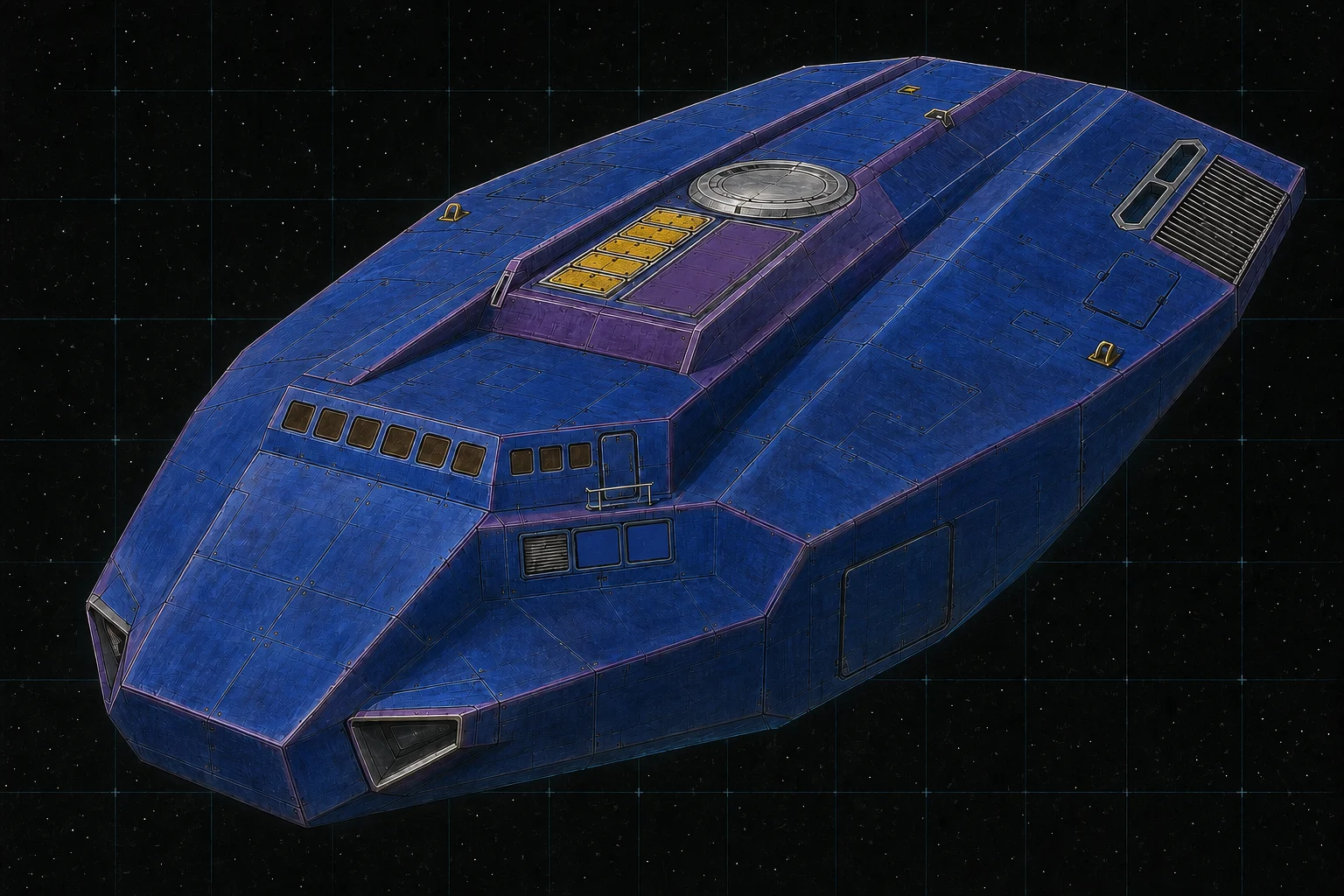 Painted three-quarter view of Congreve Escort, an ultramarine and violet eighty-ton missile boat with one active launch bank and one armored blank.