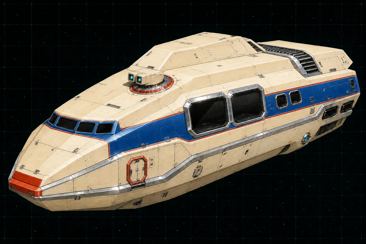 Painted three-quarter view of Scheherazade, an ivory, royal-blue, vermilion, and chrome hundred-ton executive yacht with a side double beam turret and lower point-defense laser.