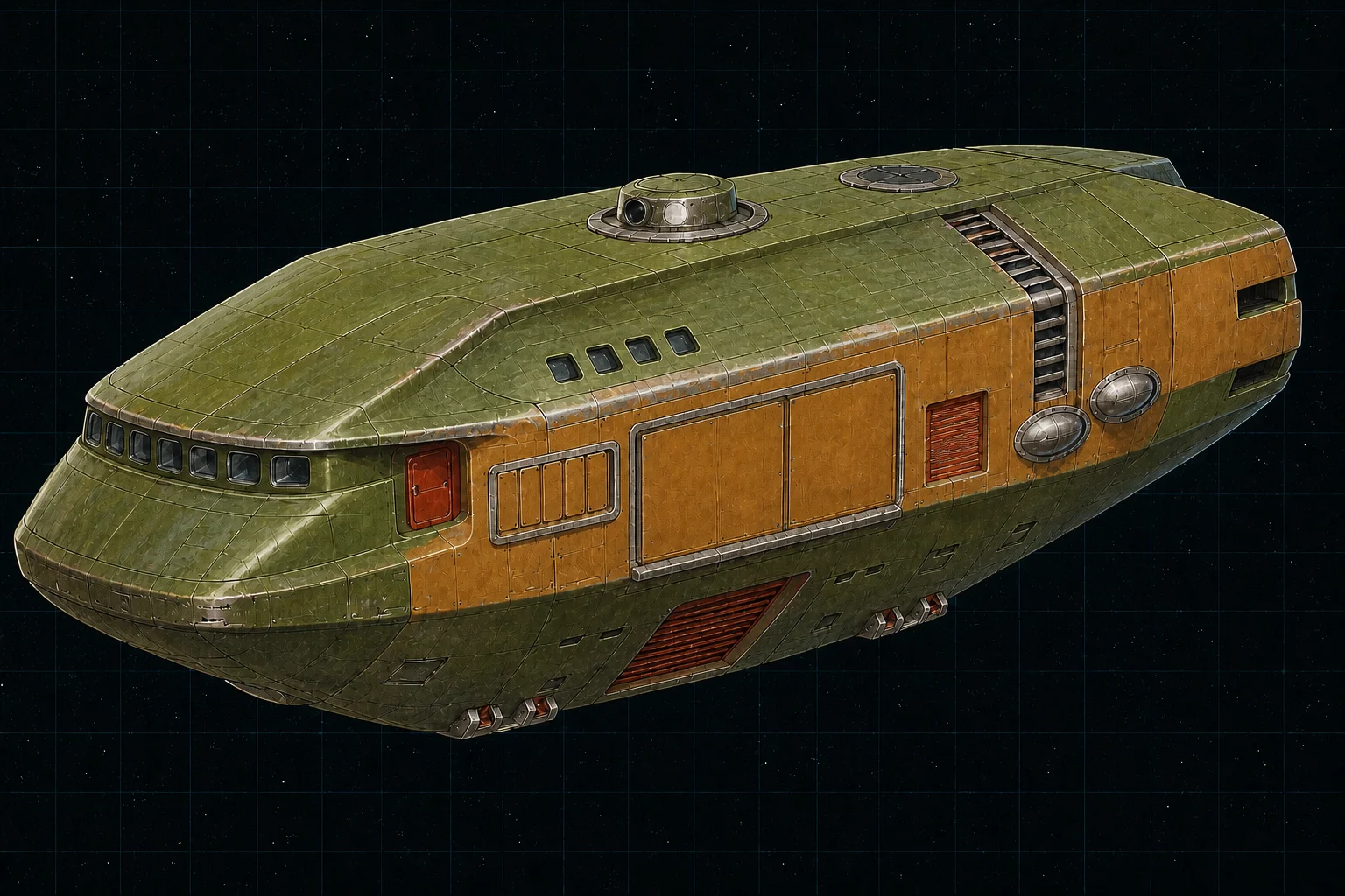 Painted three-quarter view of Marco Polo, an avocado and ochre two-hundred-ton frontier trader with two closed freight shutters.