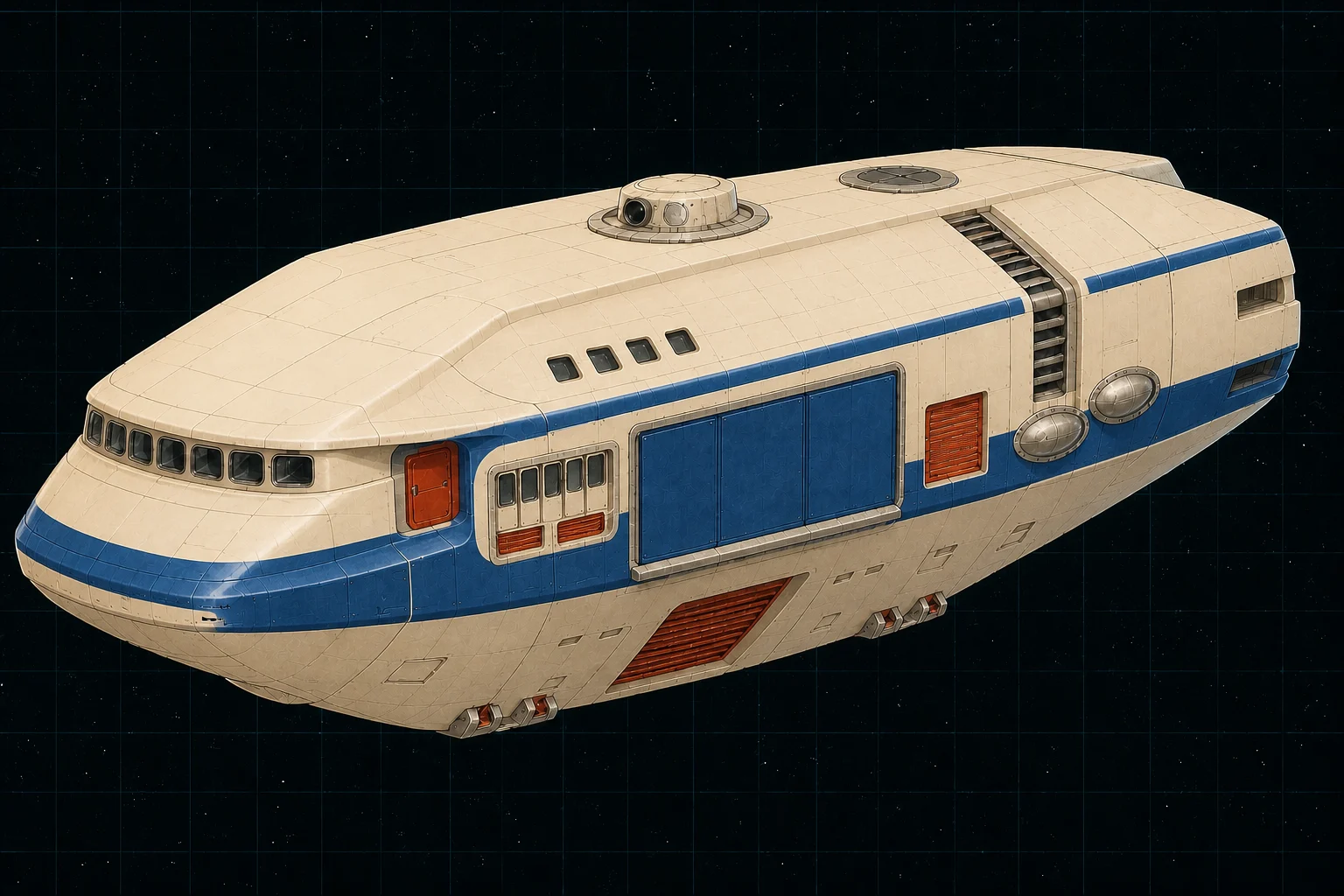 Painted three-quarter view of Niccolò Polo, an ivory, blue, and vermilion two-hundred-ton steerage trader with five passenger-window groups.