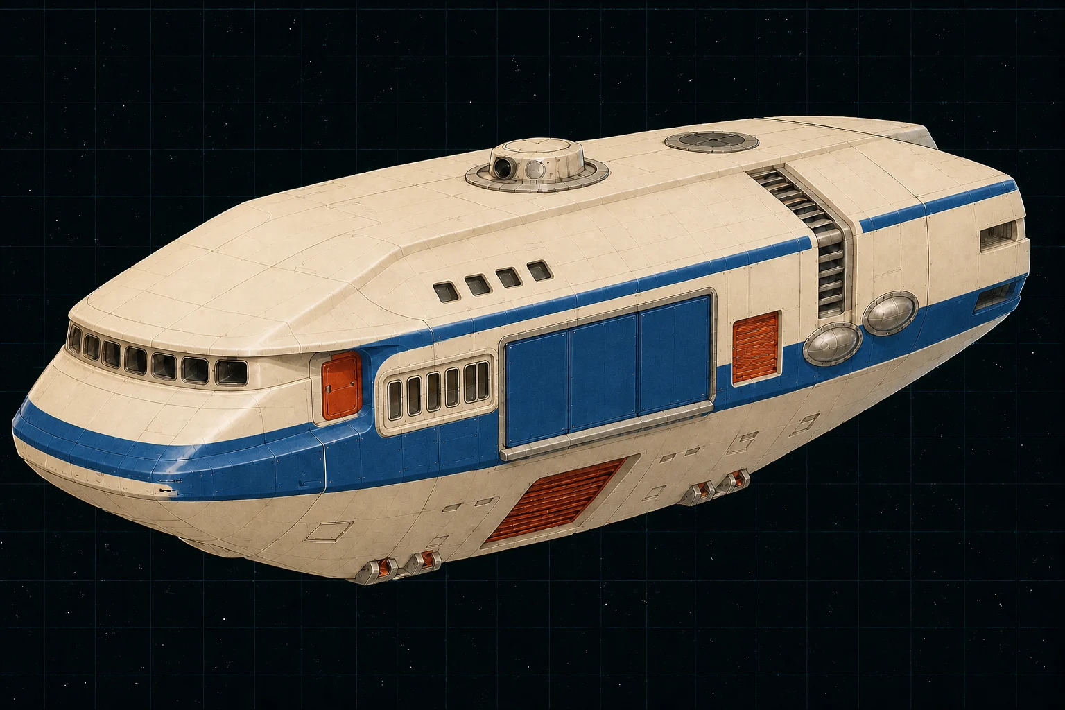 Painted three-quarter view of Maffeo Polo, an ivory, blue, and vermilion two-hundred-ton passenger trader with a six-pane occupancy insert.