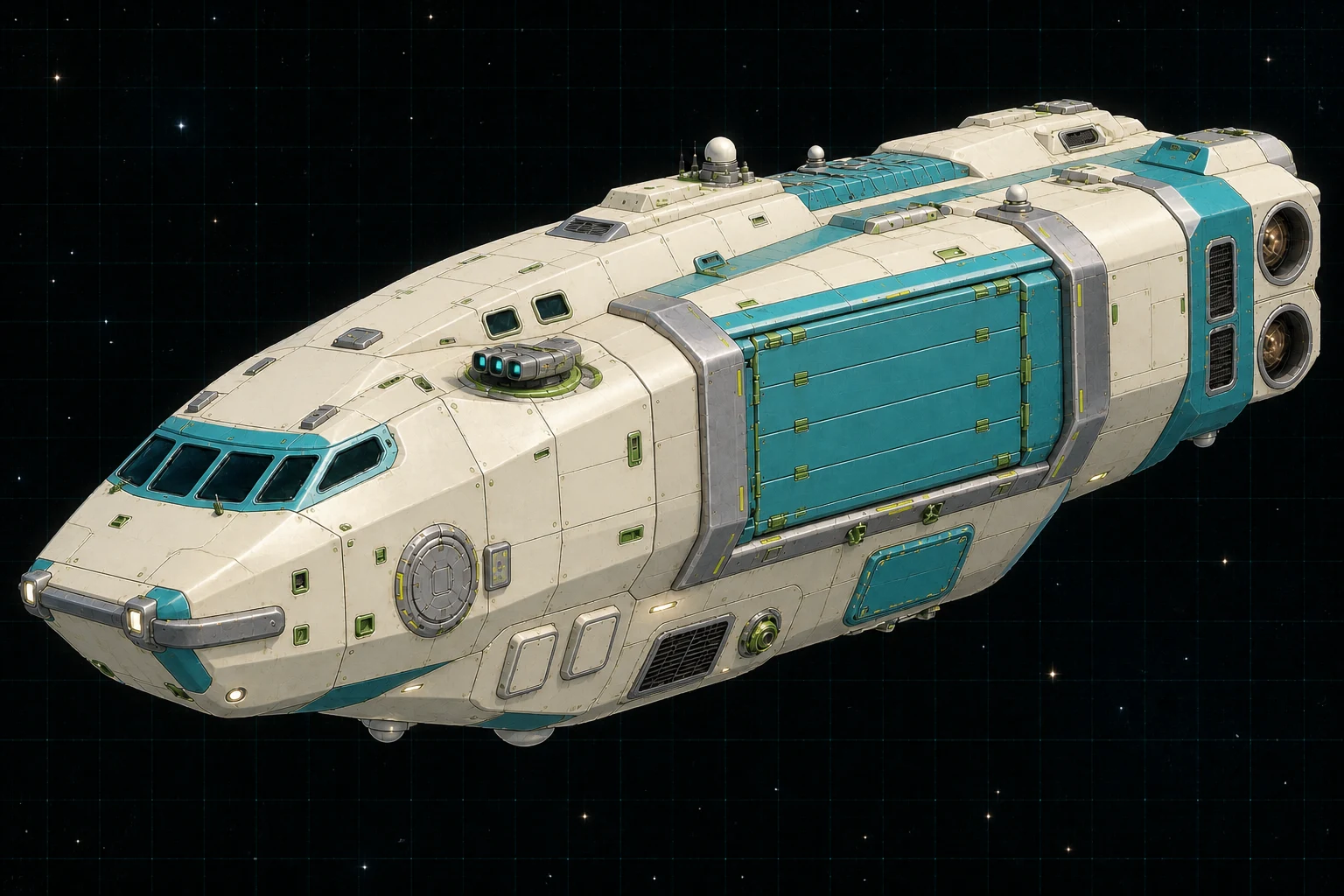 Painted three-quarter view of Warden, a warm-white, cyan, lime, and chrome hundred-ton customs cutter with a triple-beam turret and closed launch hangar.